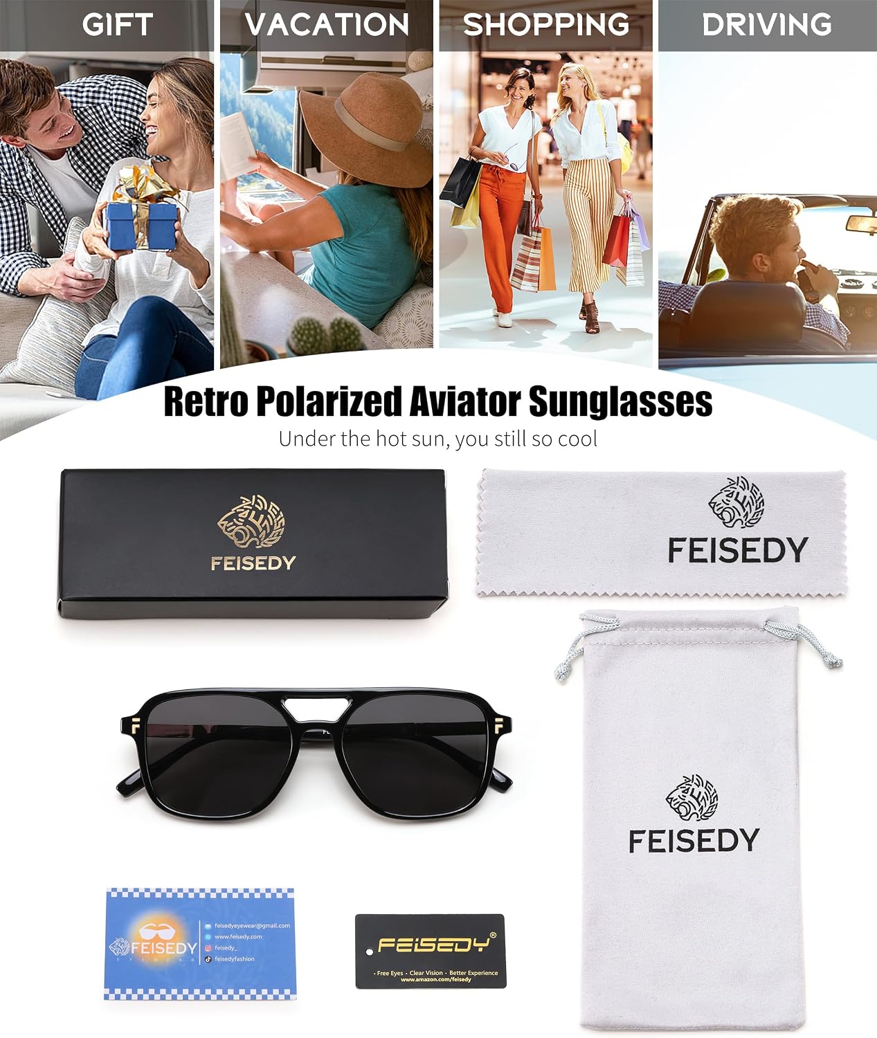 商品图片 14 | B0H2V9BFS5 | FEISEDY Retro Polarized Aviator Square Sunglasses for Women Men UV400 B0357