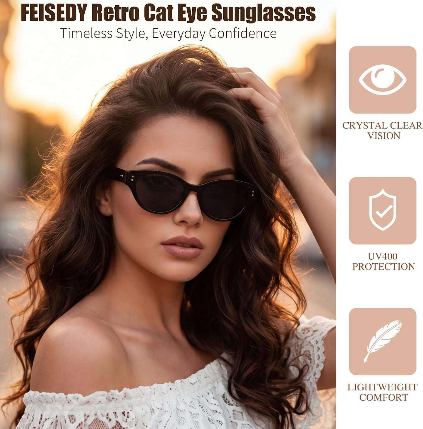 商品图片 2 | B0GVNVB7XS | FEISEDY Retro Oval Cat Eye Sunglasses for Women UV400 Protection B0419