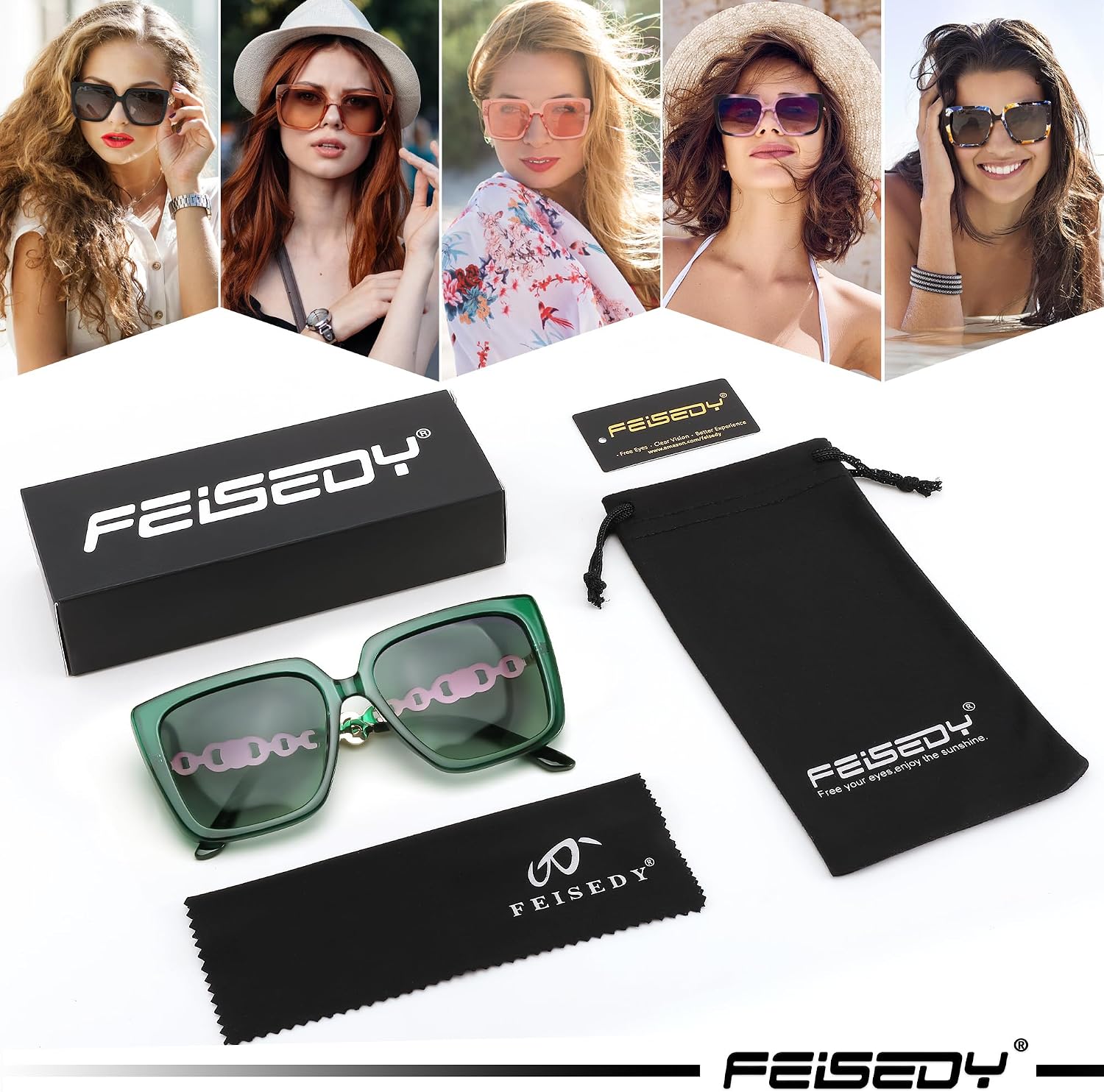 商品图片 27 | B08HVPGJW5 | FEISEDY Sunglasses Womens Trendy, Oversized Square Shades, Pearl Inlay Cat Eye Frame UV400 Protection B2625
