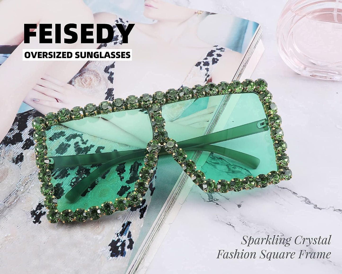 商品图片 19 | B096YZPRF2 | FEISEDY Oversized Sparkling Crystal Sunglasses Disco Diamond Flat Top Fashion Square Large Shades B2782