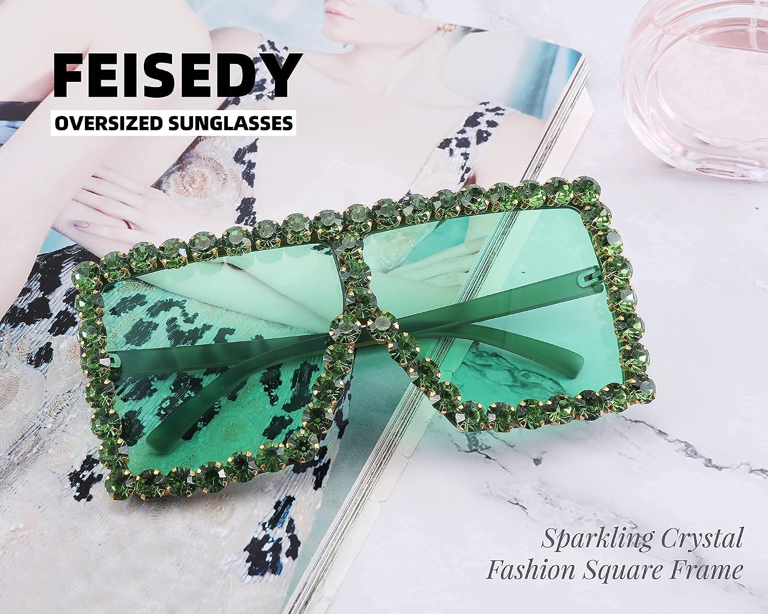 商品图片 19 | B096YZPRF2 | FEISEDY Oversized Sparkling Crystal Sunglasses Disco Diamond Flat Top Fashion Square Large Shades B2782
