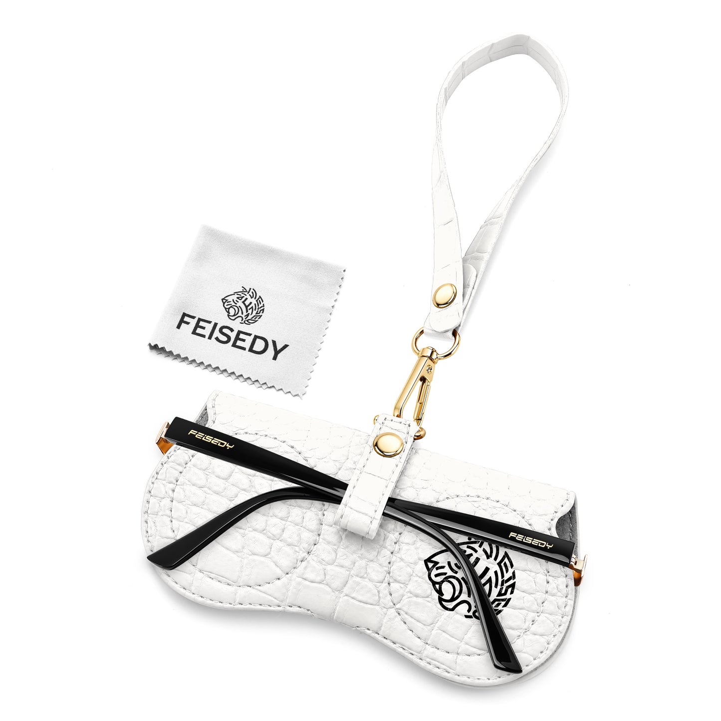 FEISEDY Soft Crocodile Textured Leather Sunglass Bag, Portable Glasses Pouch With Button Clip Wrist Strap B0366