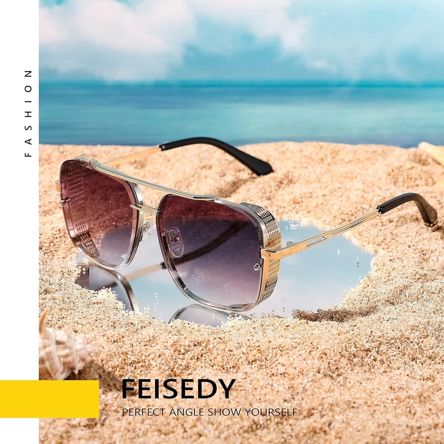 商品图片 29 | B09SDC5BD5 | FEISEDY Sunglasses Mens Women Vintage Pilot Square Trendy Metal Steampunk Fishing Driving Sun Glasses B2894