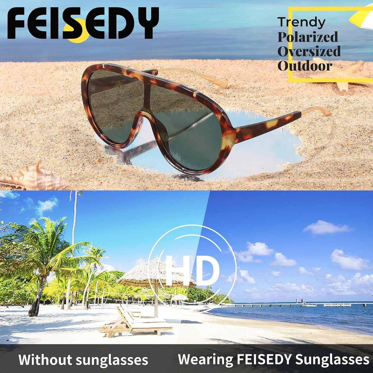 ÉÌƷͼƬ 38 | B085PPHWTZ | FEISEDY Retro Oversized Sunglasses Women Men One Piece Frame B2580