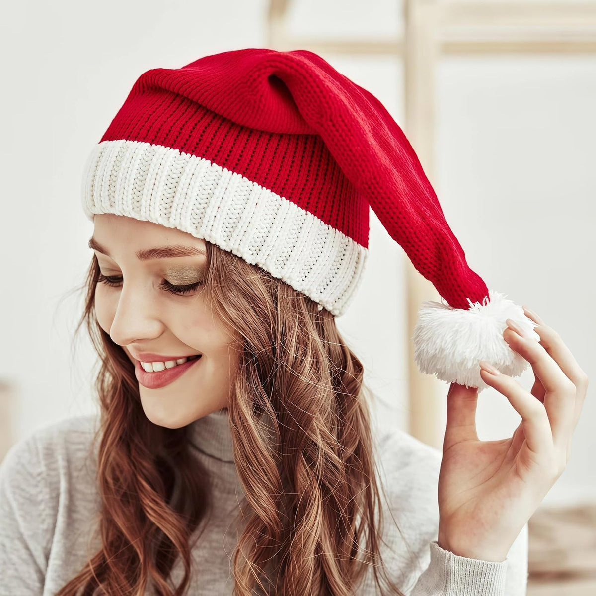 Red+white/Adult / 15.75*7.09in | B0FWRGZVCY | Santa Hats Adult & Kids, Christmas Hat with Pom Pom - Stretchy Knit Beanie, Soft Warm Acrylic Winter Hat for Xmas Party