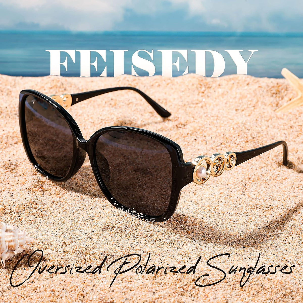 ÉÌƷͼƬ 8 | B0BJ71VZCB | FEISEDY Women's Fashion Sunglasses, Oversized Square Frame with Pearl Sparkling, Polarized UV Protection B2821