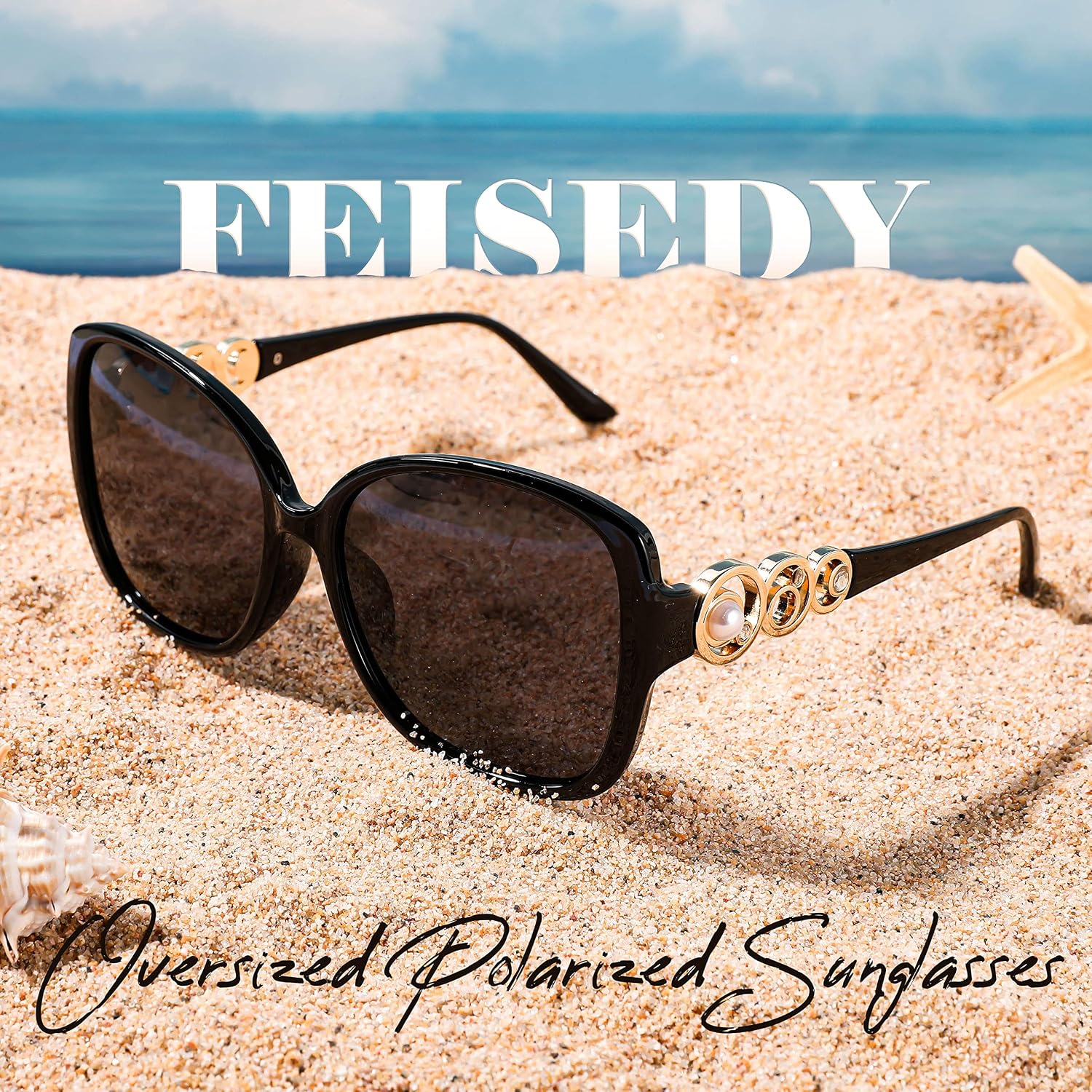 商品图片 8 | B0BJ71VZCB | FEISEDY Women's Fashion Sunglasses, Oversized Square Frame with Pearl Sparkling, Polarized UV Protection B2821