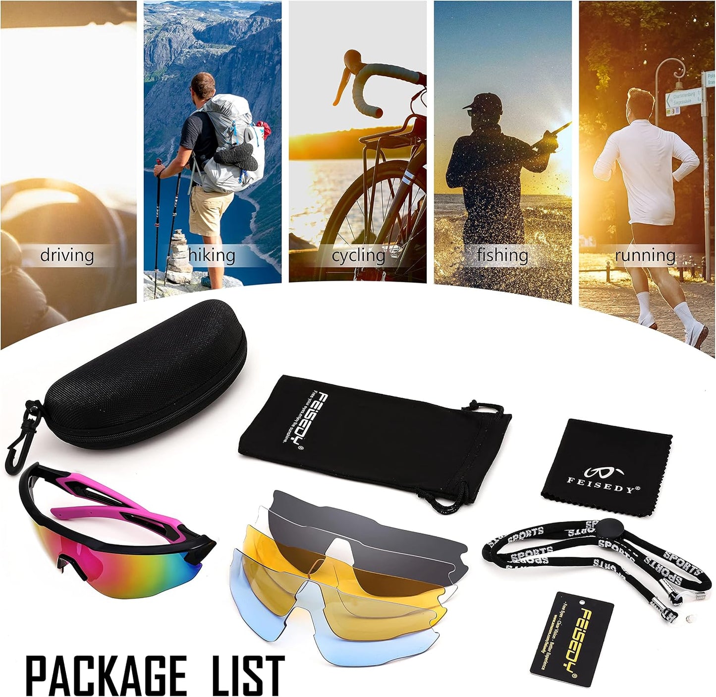 商品图片 29 | B0B2WDLNDM | FEISEDY Sports Sunglasses, with 5 Lenses for Men Women, TR90 Lightweight, Baseball Cycling Motorcycle Running Golf B2940