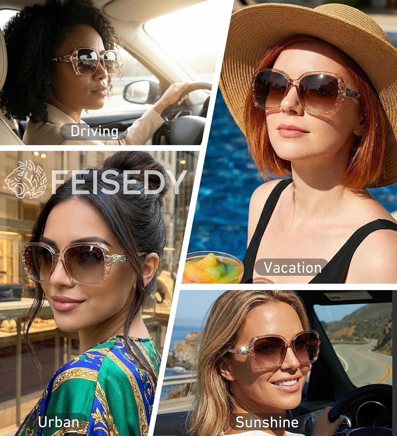 商品图片 104 | B079GT4RXH | FEISEDY Polarized Women Square Sunglasses Sparkling Composite Shiny Frame B2289