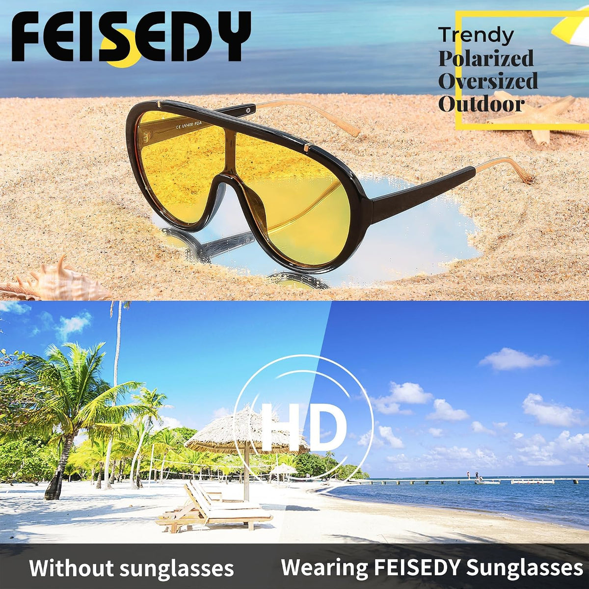 ÉÌƷͼƬ 45 | B085PPHWTZ | FEISEDY Retro Oversized Sunglasses Women Men One Piece Frame B2580
