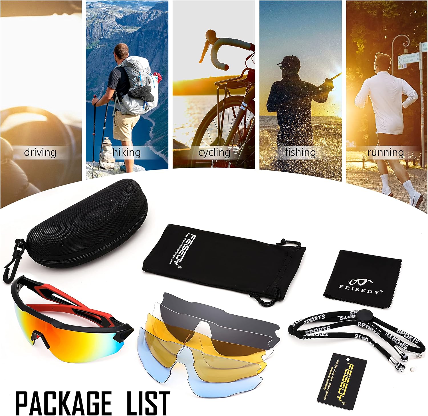 商品图片 6 | B0B2WDLNDM | FEISEDY Sports Sunglasses, with 5 Lenses for Men Women, TR90 Lightweight, Baseball Cycling Motorcycle Running Golf B2940