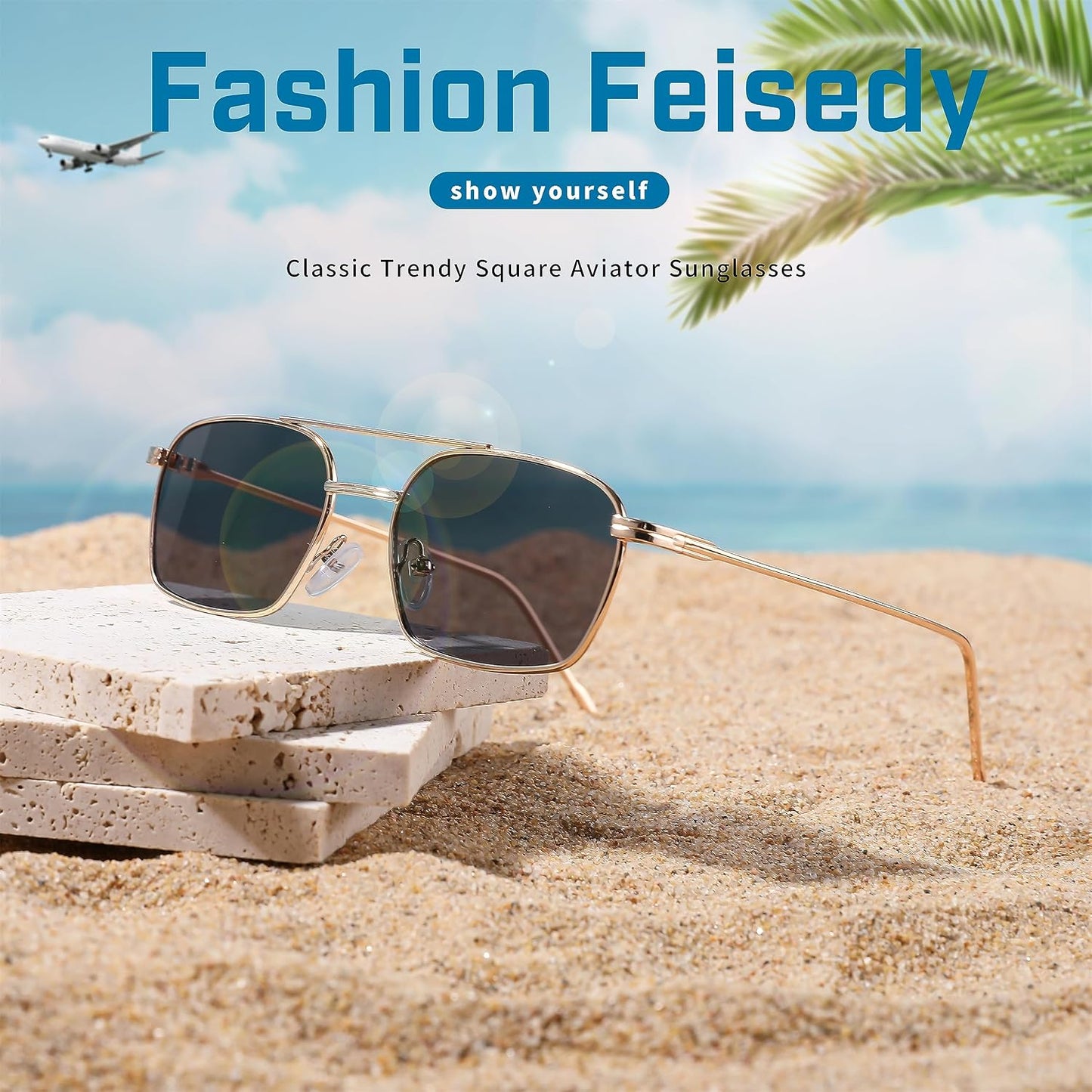 商品图片 23 | B09GKB6G1G | FEISEDY Fashion Square Aviator Sunglasses Women Men Trendy Retro Metal Frame Sun Glasses Candy Color Lens B1036