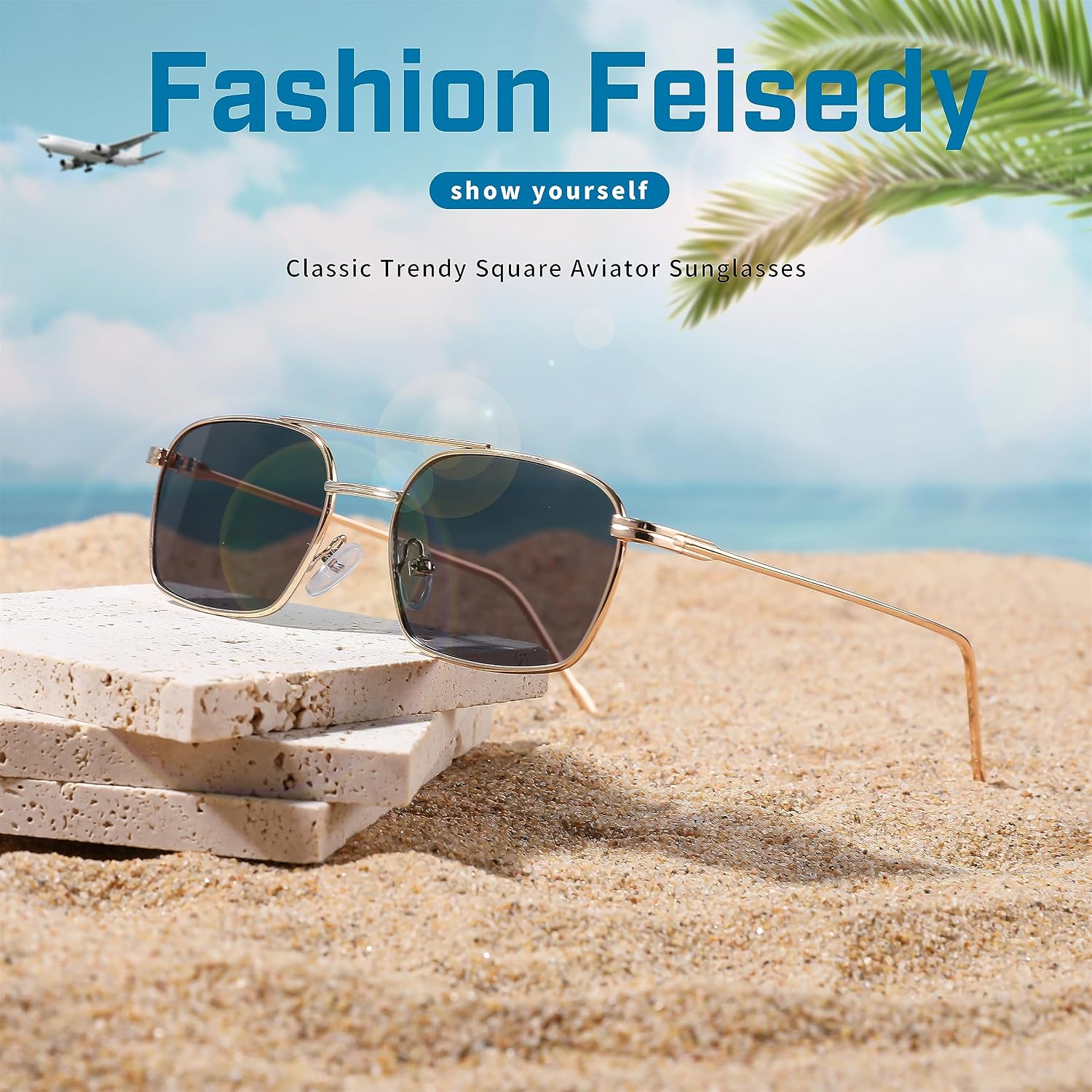 商品图片 23 | B09GKB6G1G | FEISEDY Fashion Square Aviator Sunglasses Women Men Trendy Retro Metal Frame Sun Glasses Candy Color Lens B1036