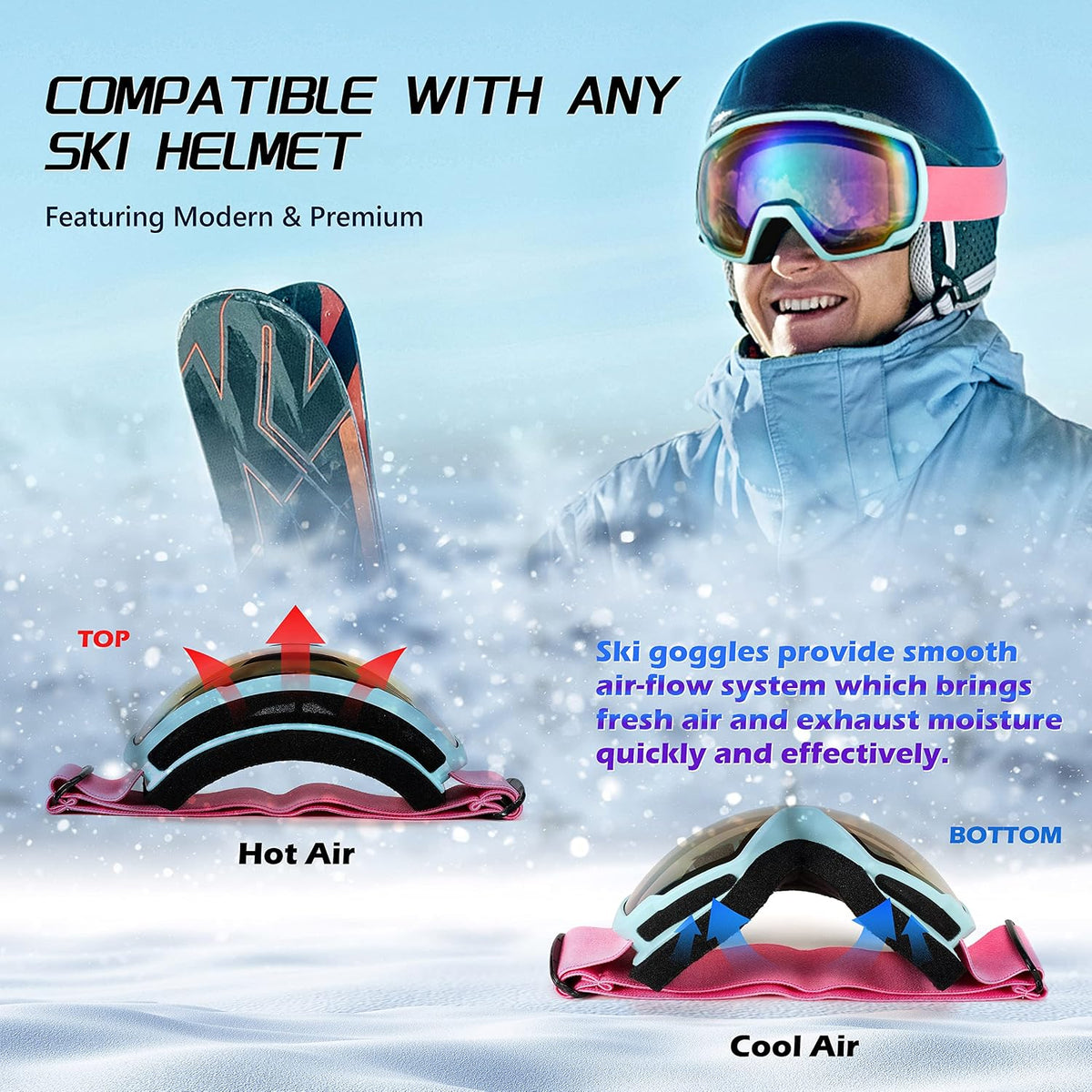 商品图片 43 | B0GHRB6WCQ | FEISEDY Ski Goggles, OTG Snow Sport Goggles for Adult Youth, Anti-Fog UV400 Protection Bendable Dual-Lenses B2961