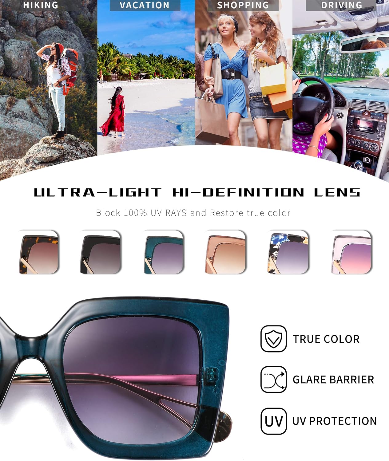 商品图片 69 | B08HVPGJW5 | FEISEDY Sunglasses Womens Trendy, Oversized Square Shades, Pearl Inlay Cat Eye Frame UV400 Protection B2625