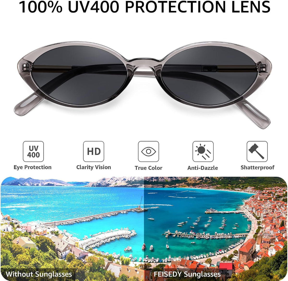 ÉÌƷͼƬ 29 | B0H2VP4ZBG | FEISEDY Oval Cat Eye Sunglasses for Women, 90s Narrow Y2K Shades B0435