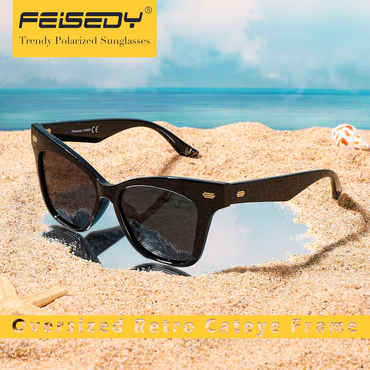 商品图片 7 | B0CJNSZC8B | FEISEDY Trendy Polarized Sunglasses, Retro Cateye Frame for Women, UV400 Protection Shades B0009