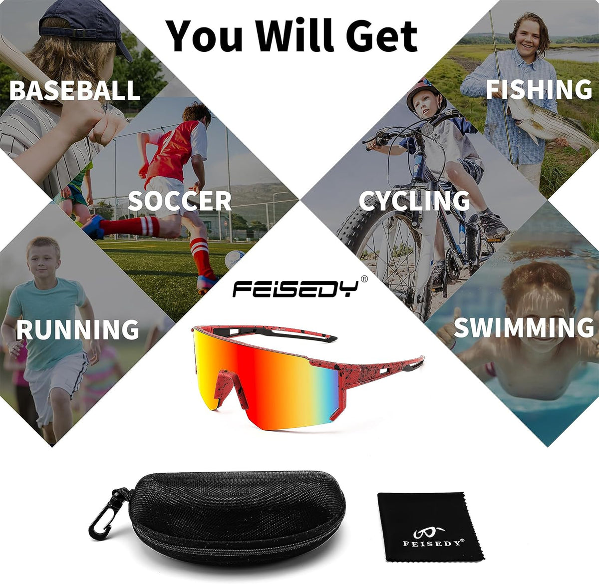 ÉÌƷͼƬ 89 | B0CCJ9N8C5 | FEISEDY Kids Sports Sunglasses UV400 for Youth, Ages 8-16 B0048