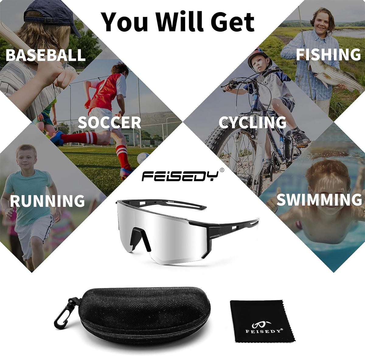 ÉÌƷͼƬ 81 | B0CCJ9N8C5 | FEISEDY Kids Sports Sunglasses UV400 for Youth, Ages 8-16 B0048