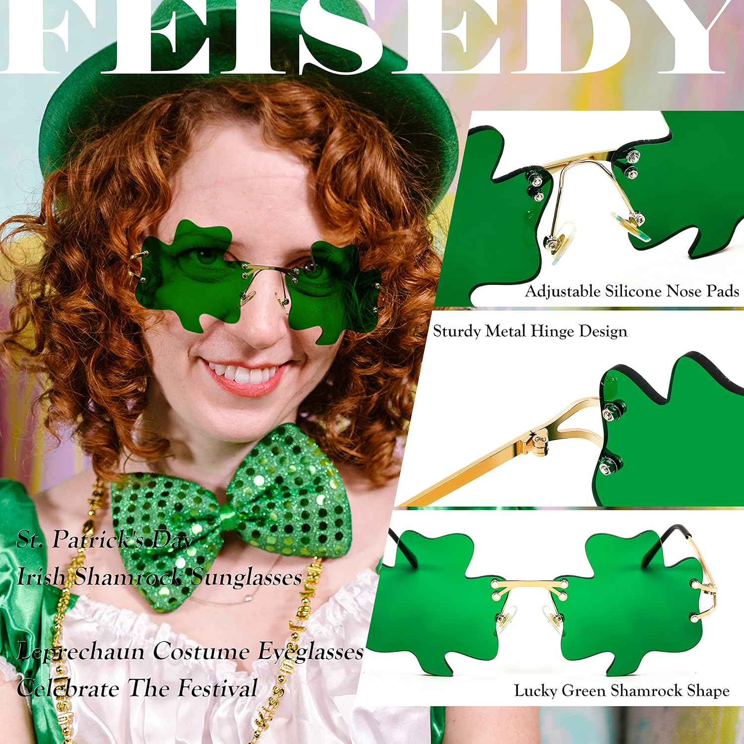 商品图片 12 | B0BX63CDKK | FEISEDY St. Patrick's Day Irish Shamrock Sunglasses Lucky Green Leprechaun Costume Eyeglasses for Women Men B2369