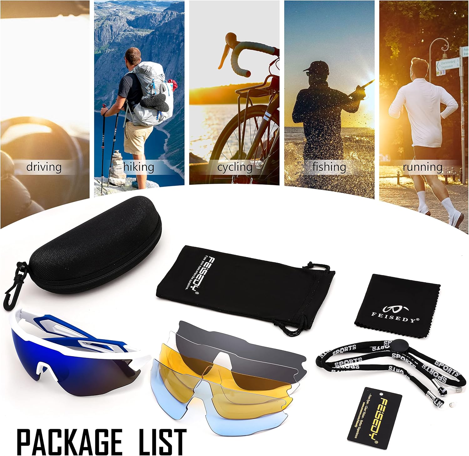 商品图片 11 | B0B2WDLNDM | FEISEDY Sports Sunglasses, with 5 Lenses for Men Women, TR90 Lightweight, Baseball Cycling Motorcycle Running Golf B2940