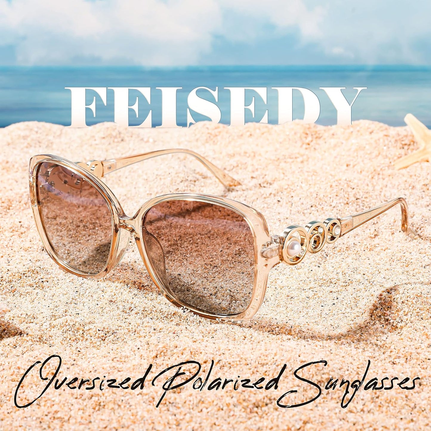 商品图片 40 | B0BJ71VZCB | FEISEDY Women's Fashion Sunglasses, Oversized Square Frame with Pearl Sparkling, Polarized UV Protection B2821
