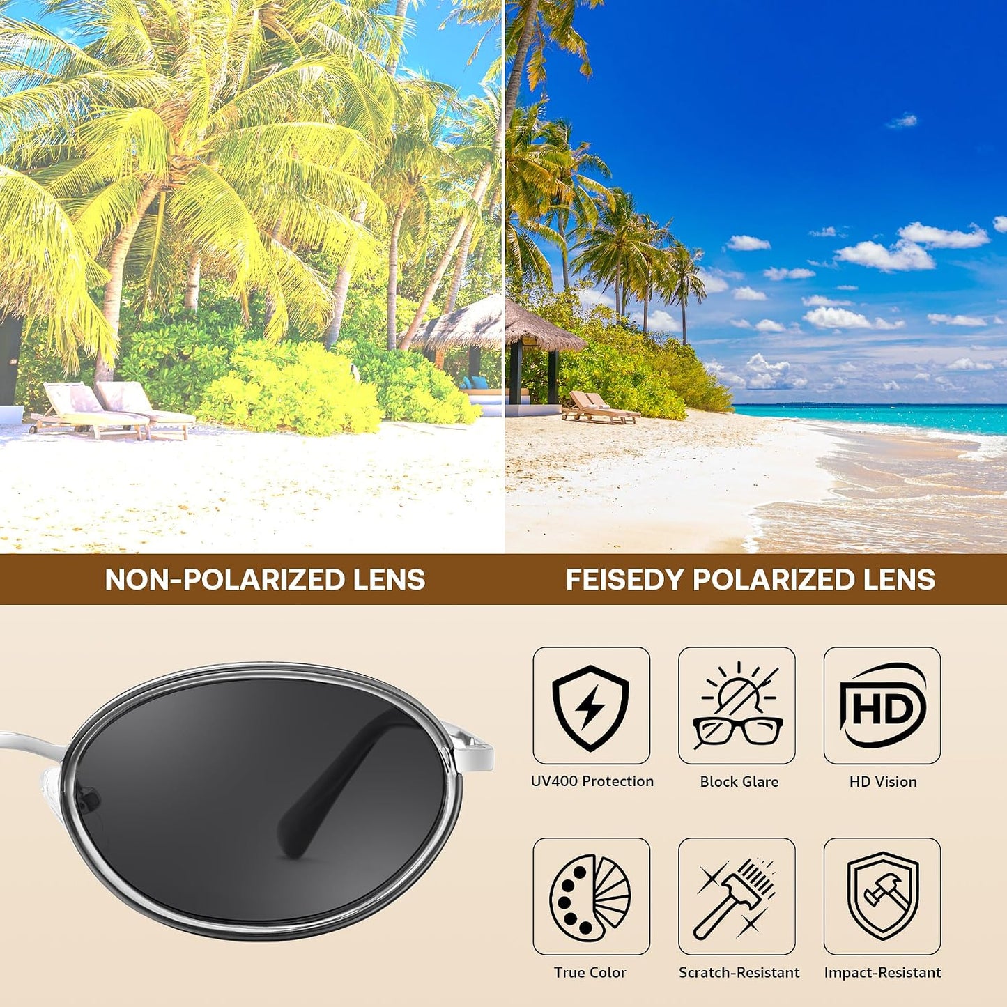 商品图片 3 | B0GX9GL5XF | FEISEDY Polarized Oval Metal Sunglasses for Women Men Classic Retro B0439