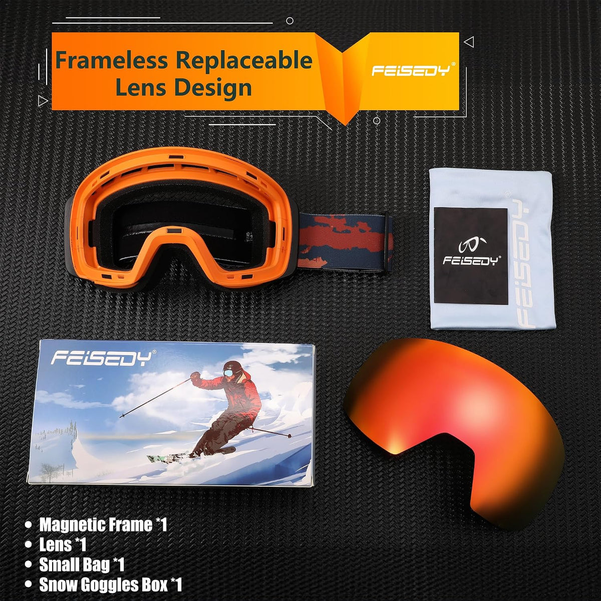 商品图片 29 | B0CD3JFB1C | FEISEDY Magnetic Ski Goggles for Men Women Youth Frameless Snow Goggles 100% UV Protection Snowboard Goggles B0020