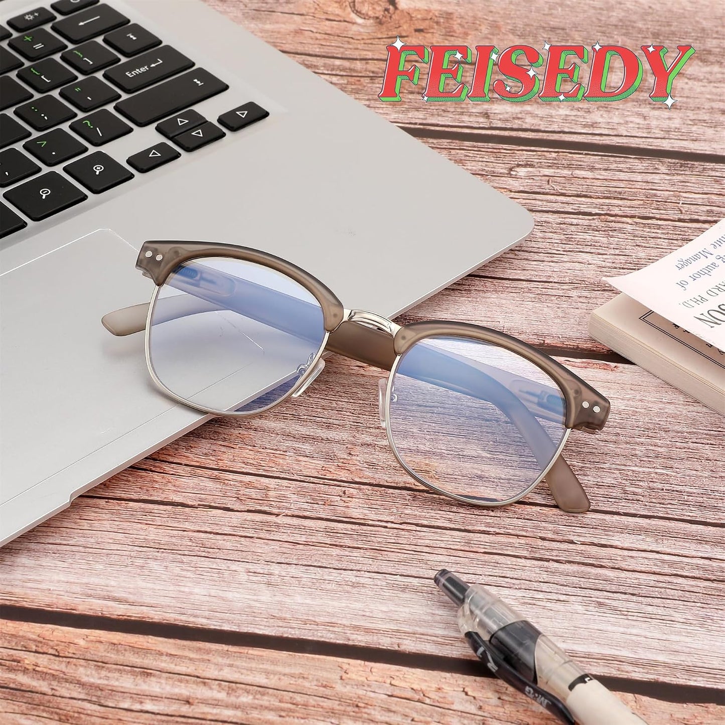 商品图片 2 | B0C73XCW57 | FEISEDY Reading Glasses Classic Half Frame Retro Semi-Rimless Clear Lens Blue Light Blocking Glasses B0005