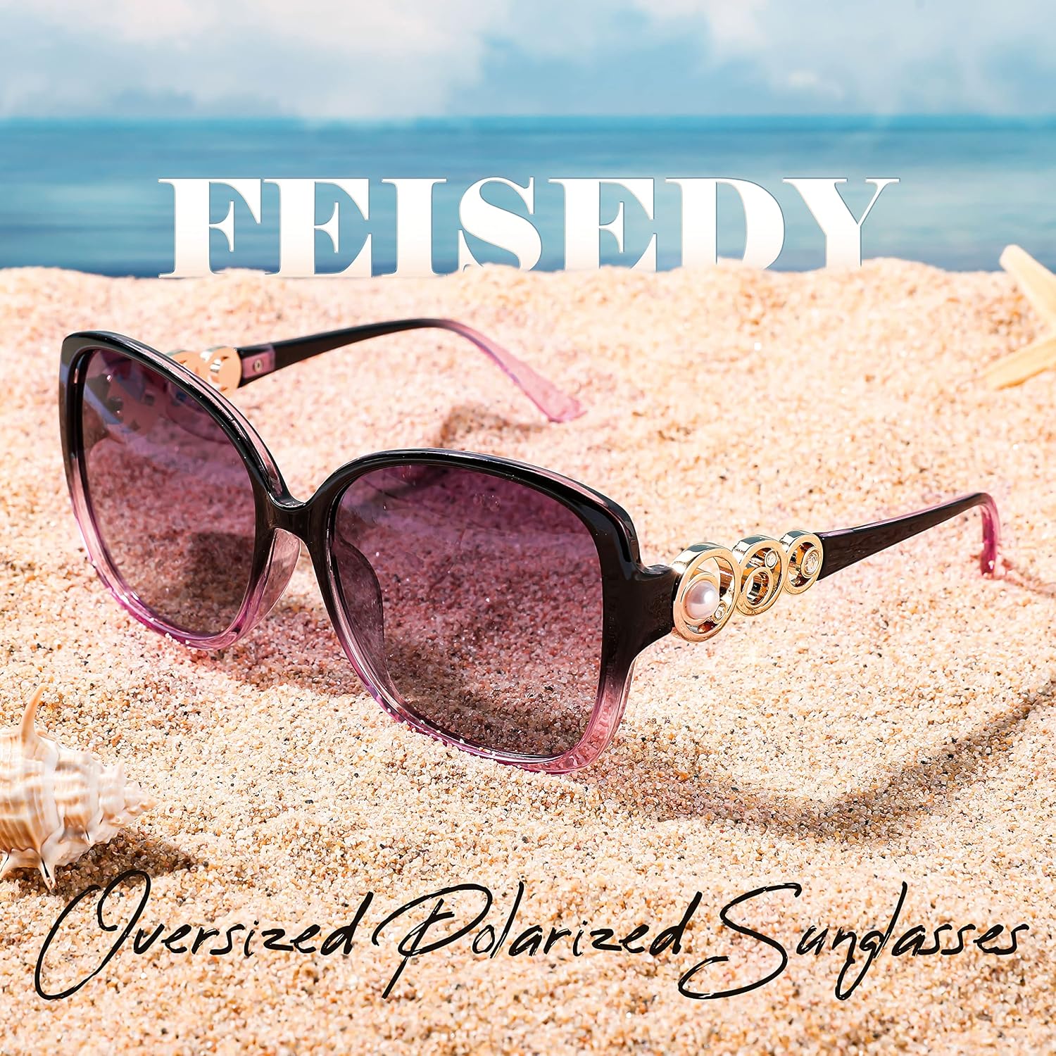 商品图片 57 | B0BJ71VZCB | FEISEDY Women's Fashion Sunglasses, Oversized Square Frame with Pearl Sparkling, Polarized UV Protection B2821