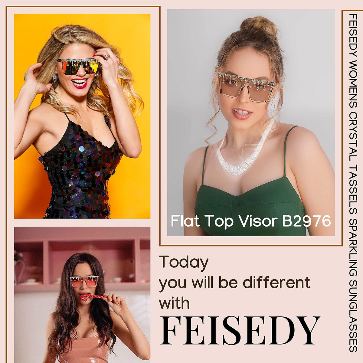 ÉÌƷͼƬ 7 | B0BKRG4KXC | FEISEDY Oversized Square Trendy Sunglasses Womens Crystal Tassels Sparkling Shades Flat Top Visor B2976