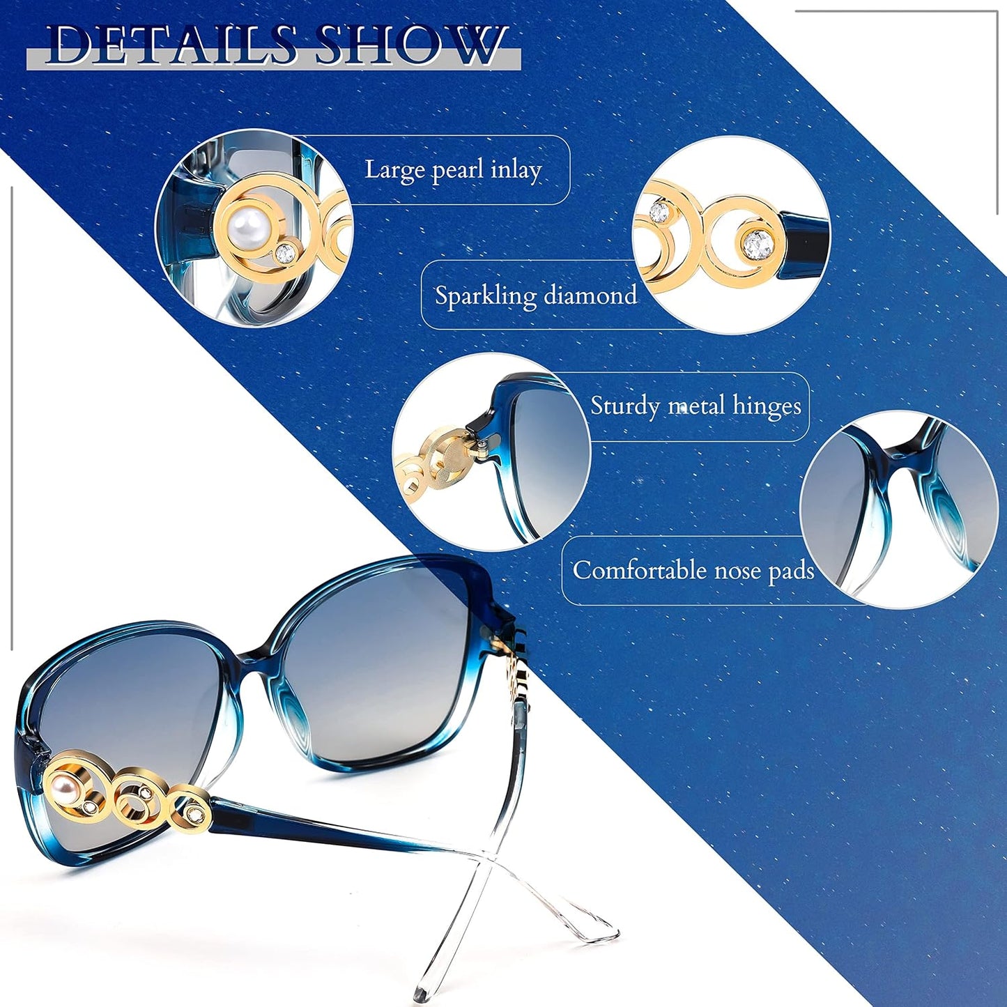 商品图片 21 | B0BJ71VZCB | FEISEDY Women's Fashion Sunglasses, Oversized Square Frame with Pearl Sparkling, Polarized UV Protection B2821