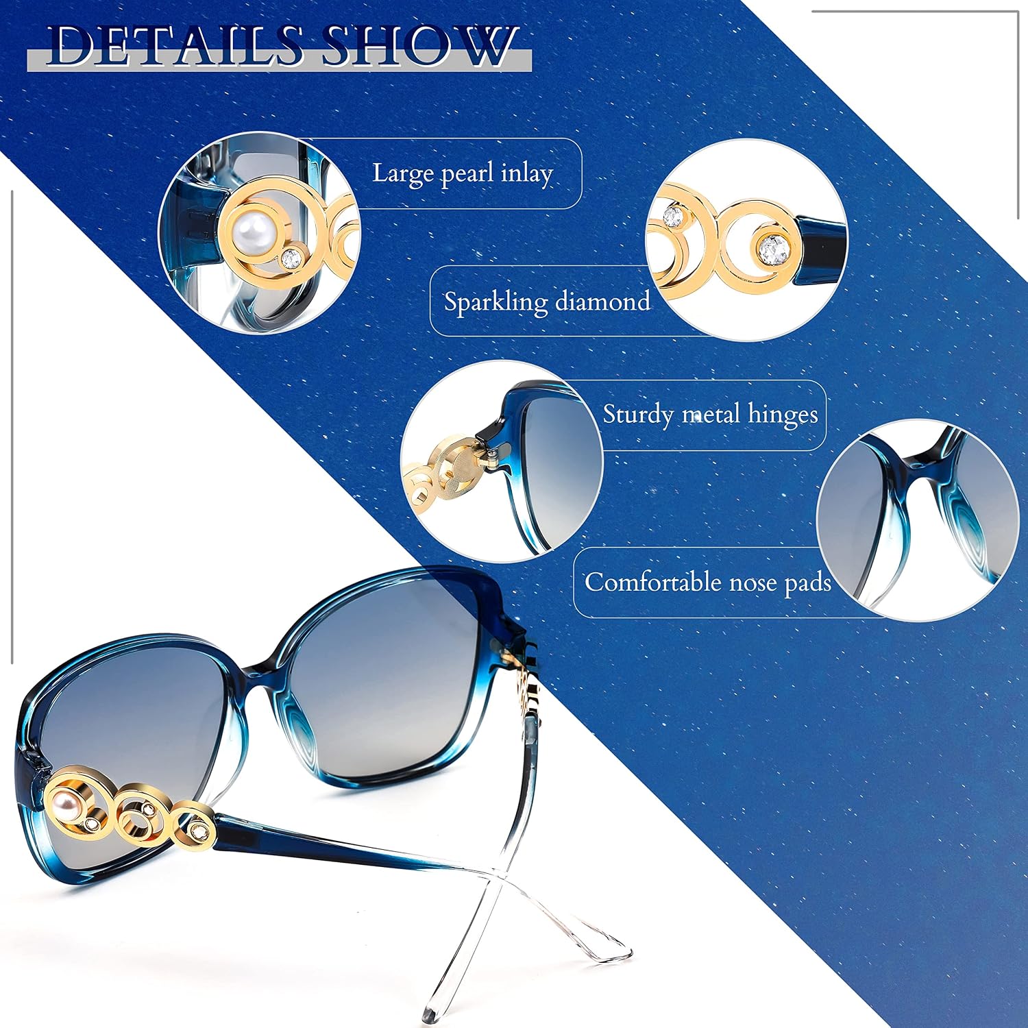 商品图片 21 | B0BJ71VZCB | FEISEDY Women's Fashion Sunglasses, Oversized Square Frame with Pearl Sparkling, Polarized UV Protection B2821
