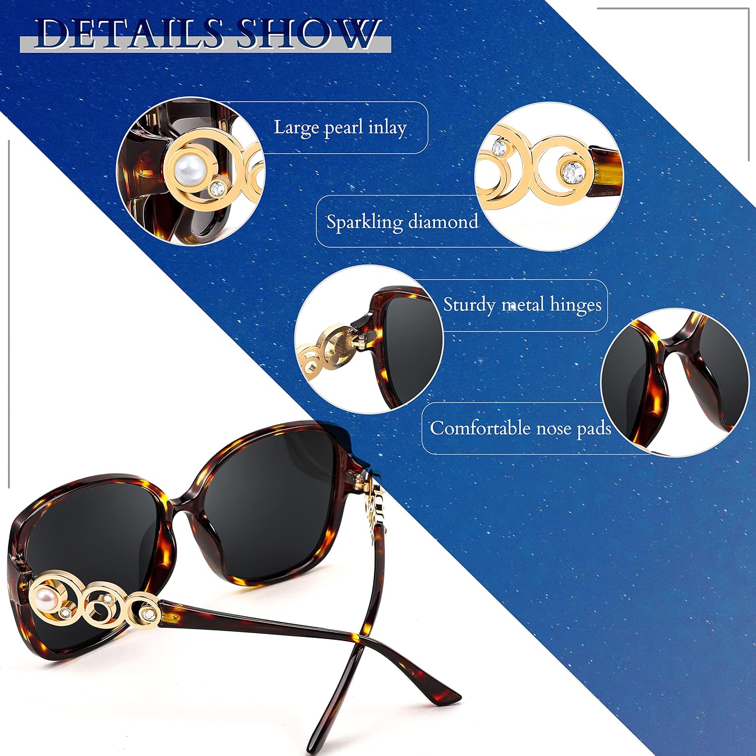商品图片 45 | B0BJ71VZCB | FEISEDY Women's Fashion Sunglasses, Oversized Square Frame with Pearl Sparkling, Polarized UV Protection B2821