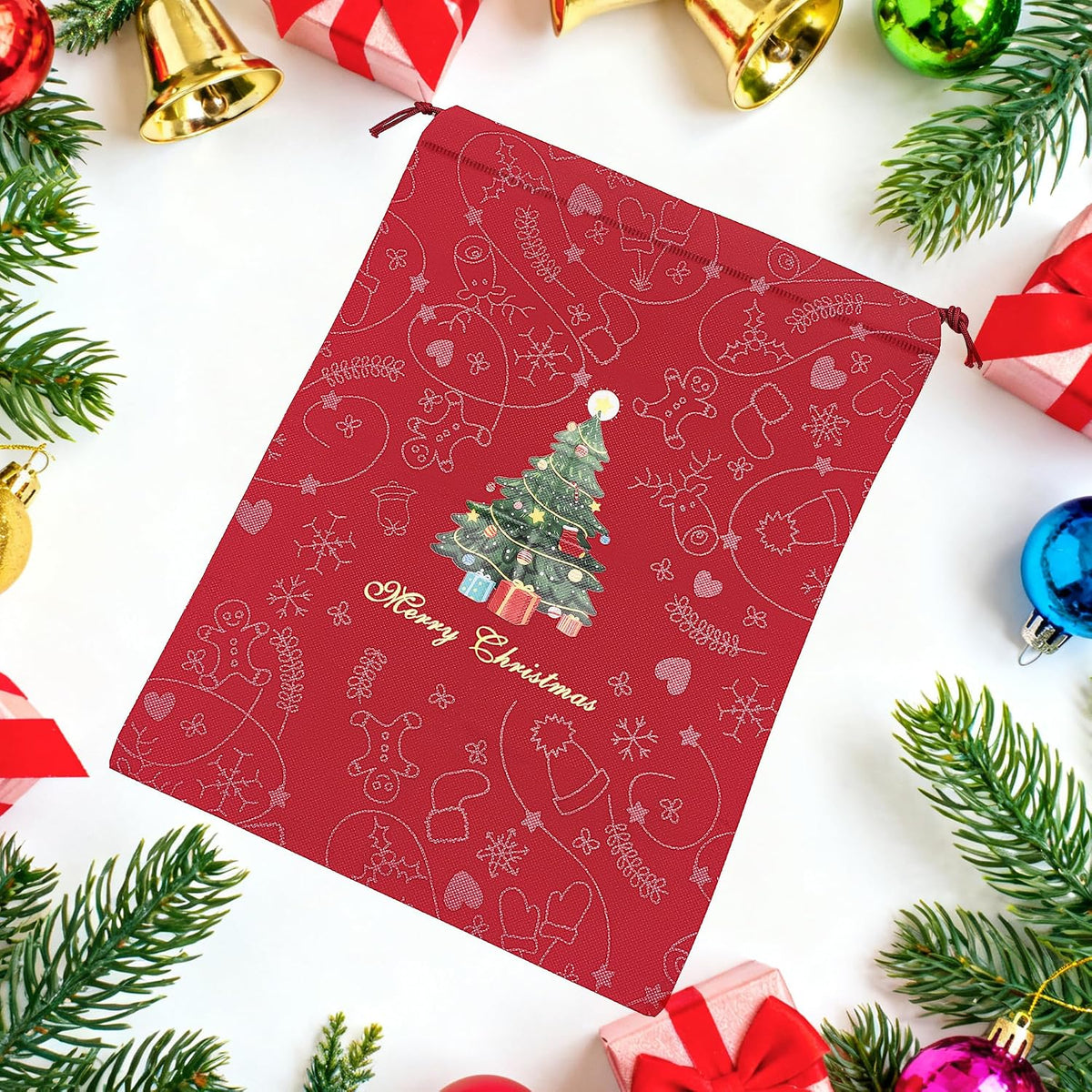 Red | B0FNM9WYNS | Christmas Drawstring Gift Bags Festive Tree Pattern Christmas, Dust Bag for Parties, Decorations Daily Storage