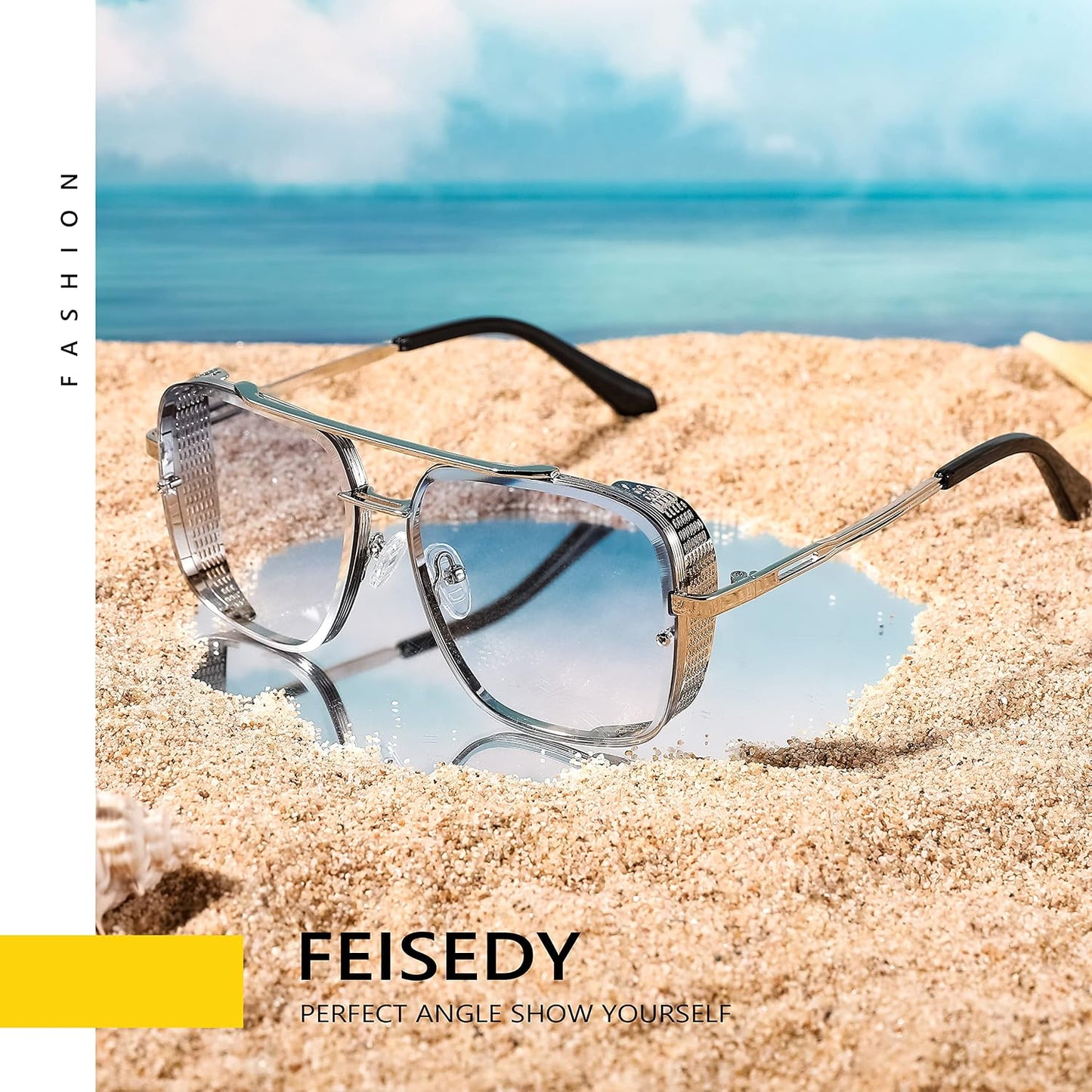 商品图片 22 | B09SDC5BD5 | FEISEDY Sunglasses Mens Women Vintage Pilot Square Trendy Metal Steampunk Fishing Driving Sun Glasses B2894