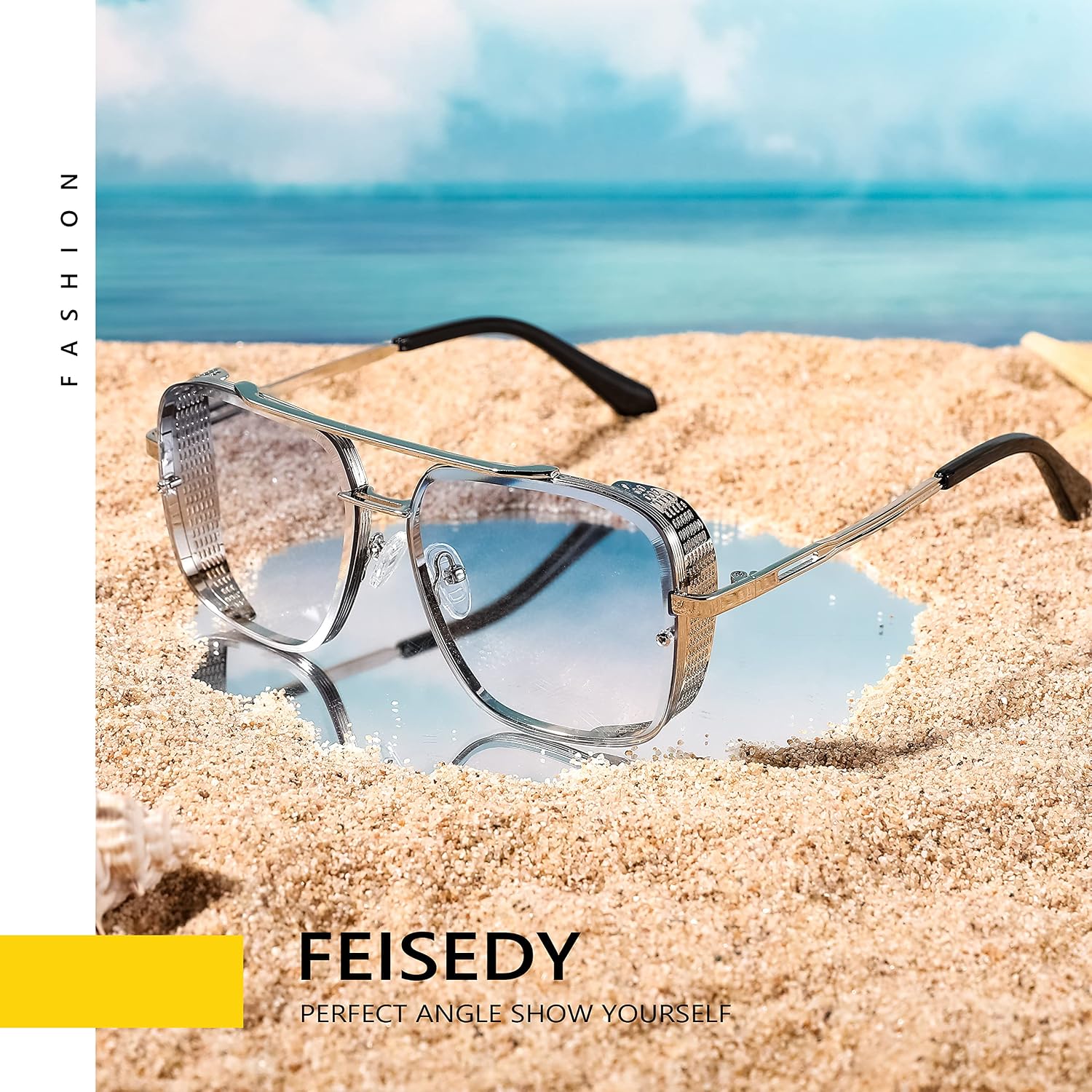 商品图片 22 | B09SDC5BD5 | FEISEDY Sunglasses Mens Women Vintage Pilot Square Trendy Metal Steampunk Fishing Driving Sun Glasses B2894