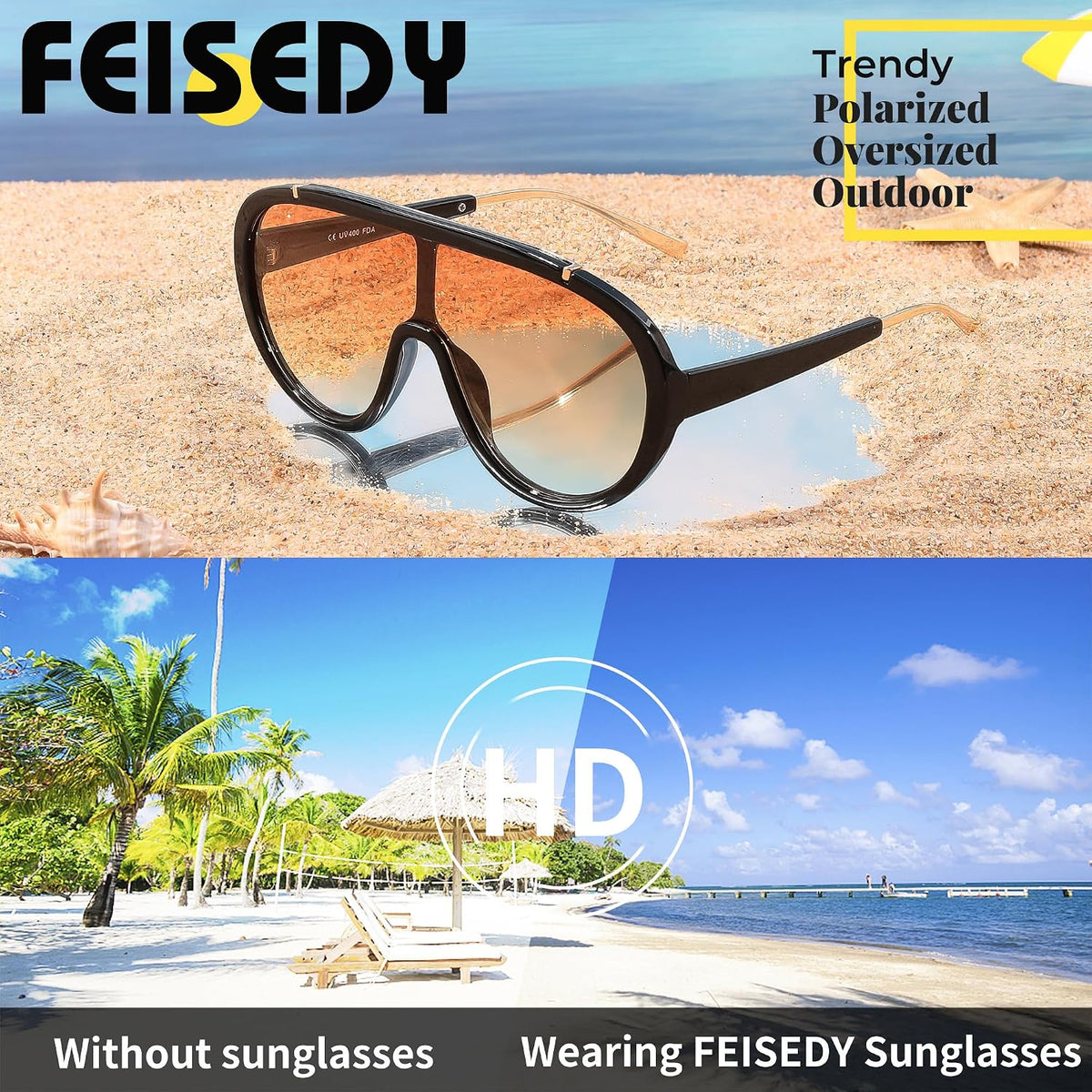 ÉÌƷͼƬ 14 | B085PPHWTZ | FEISEDY Retro Oversized Sunglasses Women Men One Piece Frame B2580
