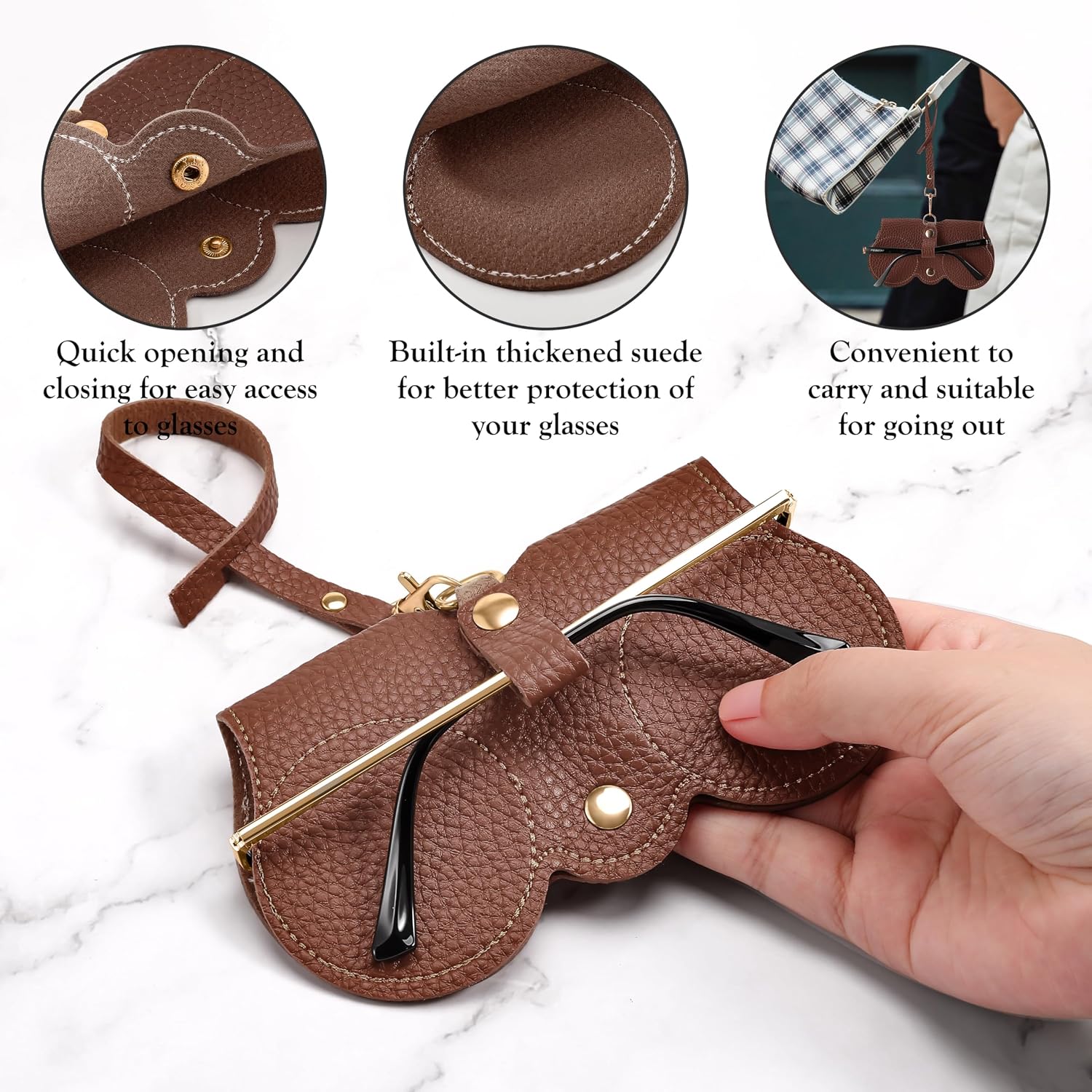 商品图片 26 | B0CFPPR4K1 | FEISEDY 2Pack Soft Leather Sunglass Bag, Portable Holder Eyeglasses Case | Lightweight Portable Design, With Button Clip Wrist Strap for Travel Daily Use B0049