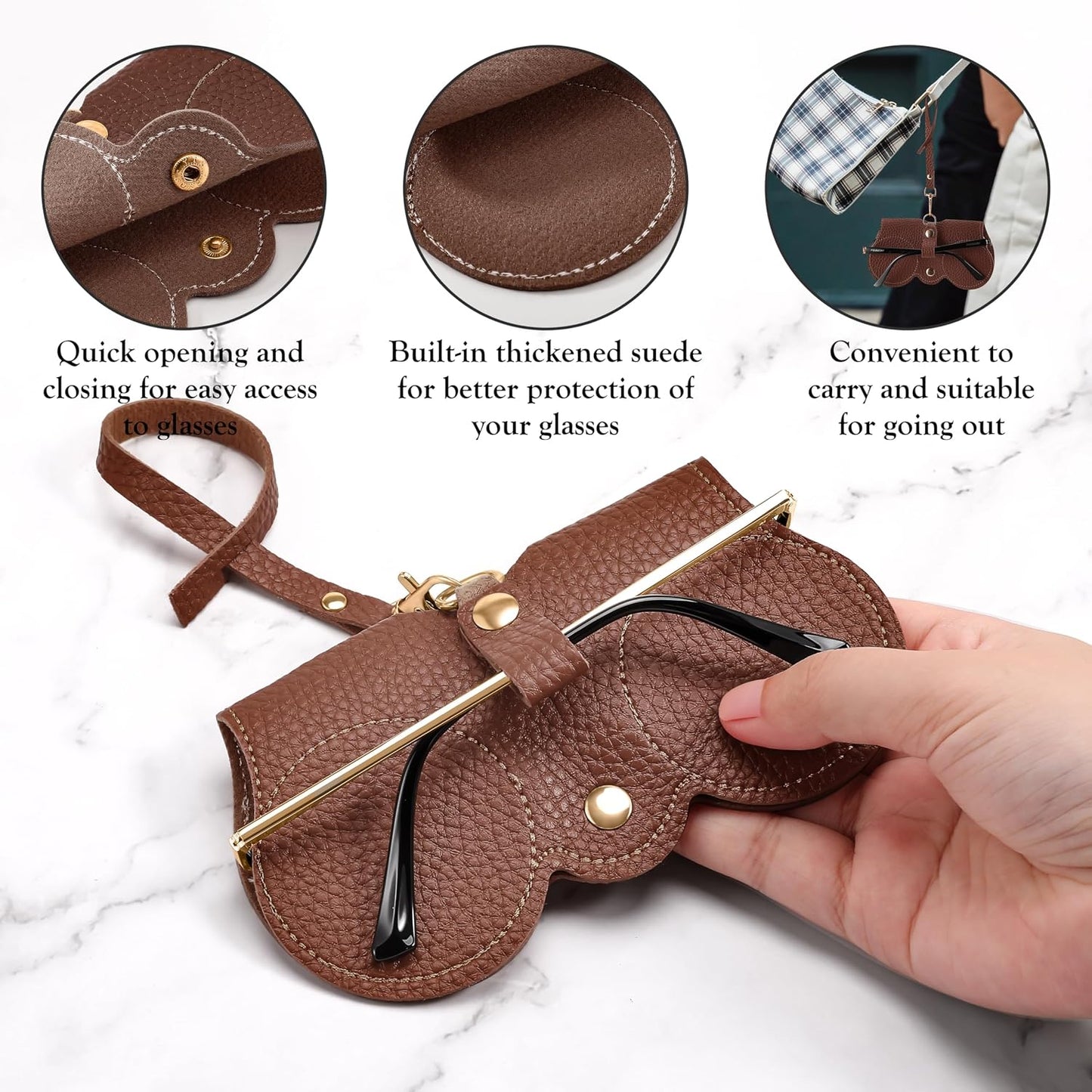商品图片 26 | B0CFPPR4K1 | FEISEDY 2Pack Soft Leather Sunglass Bag, Portable Holder Eyeglasses Case | Lightweight Portable Design, With Button Clip Wrist Strap for Travel Daily Use B0049