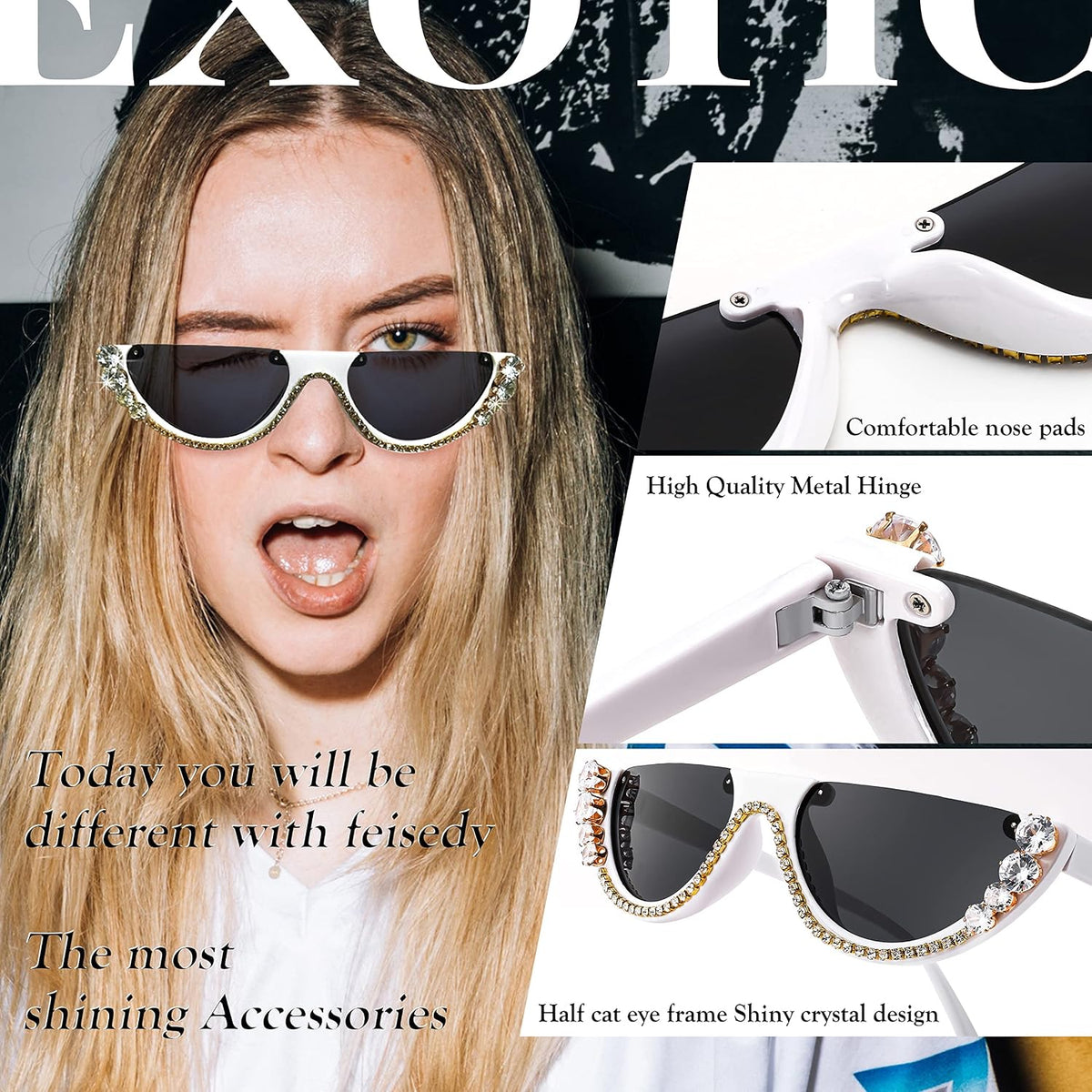 ÉÌƷͼƬ 2 | B0BKQFVBKQ | FEISEDY Women Crystal Cateye Sunglasses Half Frame Sparkling Trendy Retro Clout Goggles B2975