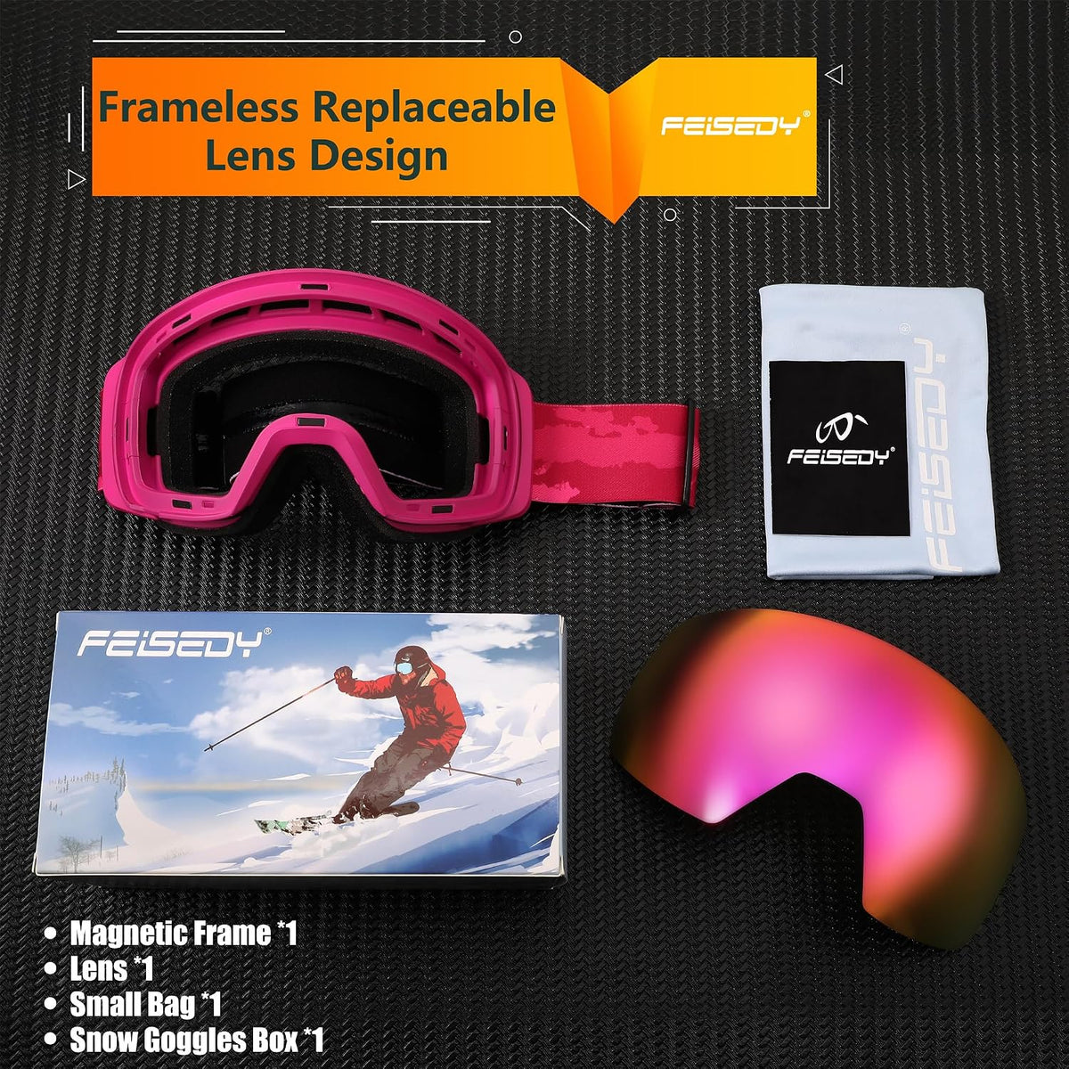 商品图片 37 | B0CD3JFB1C | FEISEDY Magnetic Ski Goggles for Men Women Youth Frameless Snow Goggles 100% UV Protection Snowboard Goggles B0020