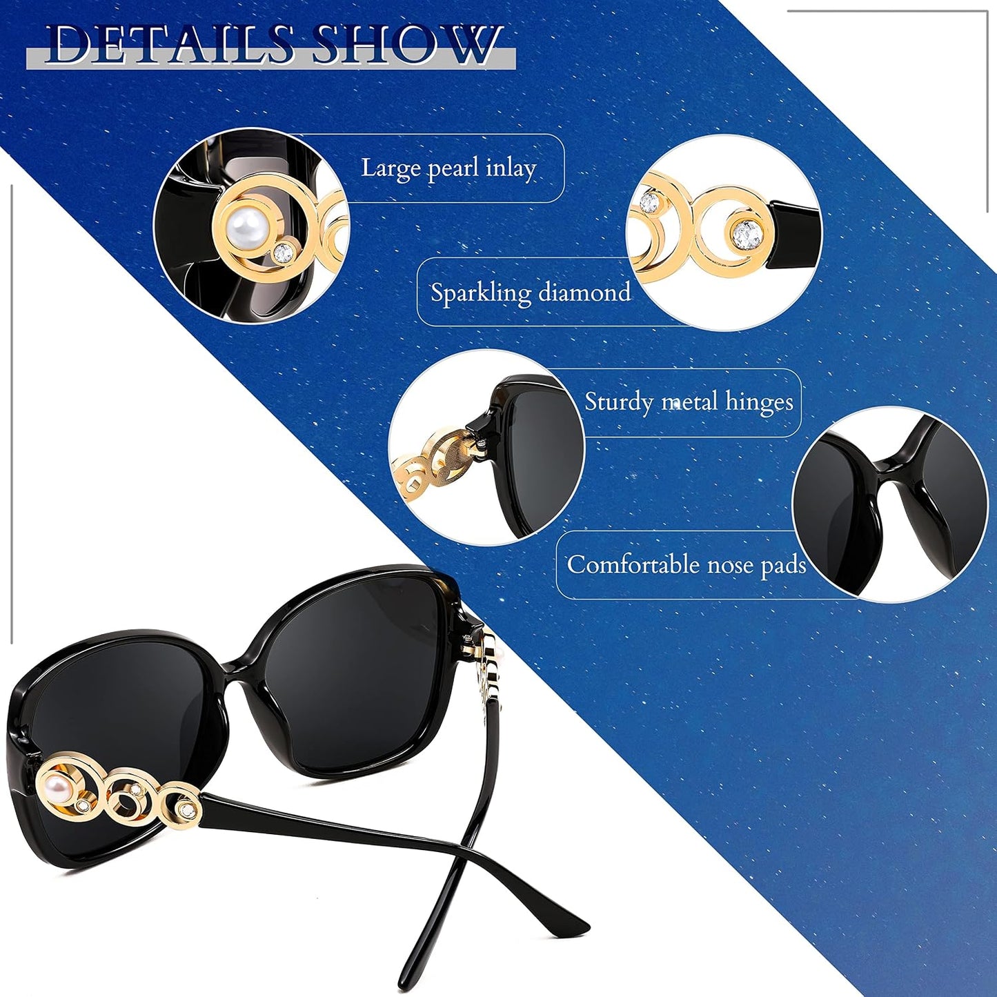 商品图片 5 | B0BJ71VZCB | FEISEDY Women's Fashion Sunglasses, Oversized Square Frame with Pearl Sparkling, Polarized UV Protection B2821
