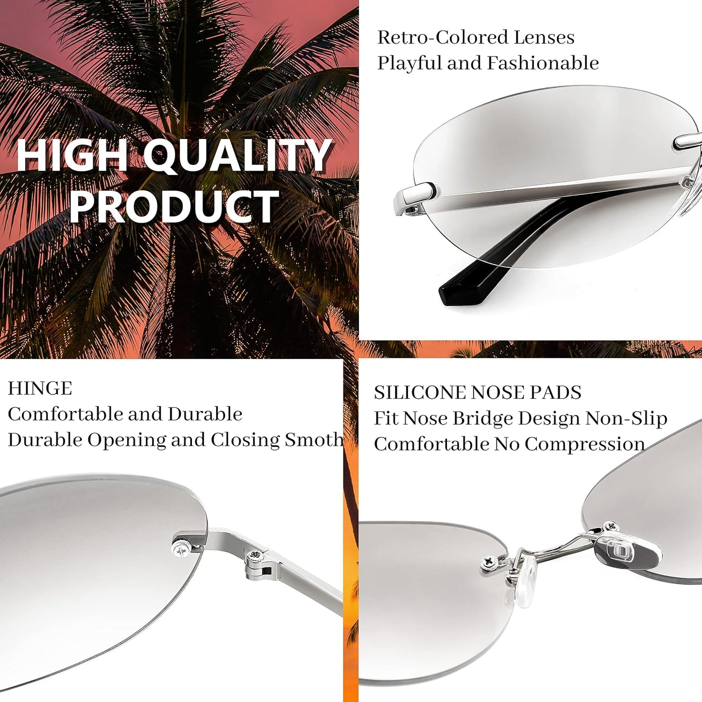 商品图片 12 | B0BZPBKFF1 | FEISEDY Trendy Rimless Oval Sunglasses for Women Men Retro 90s Eyewear Frame Y2K Glasses B2393