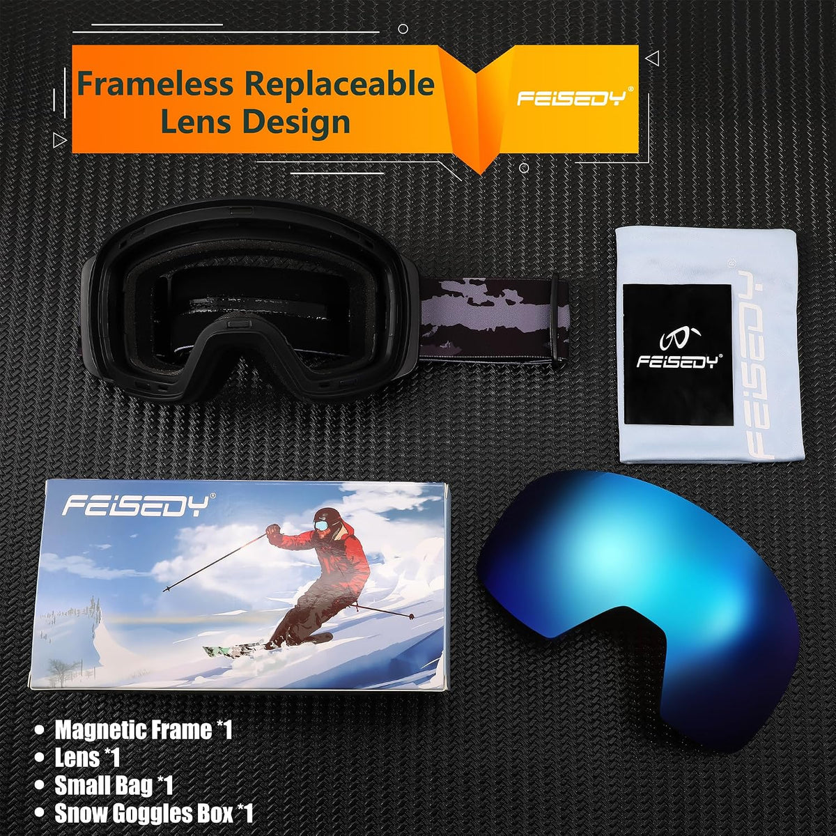 商品图片 42 | B0CD3JFB1C | FEISEDY Magnetic Ski Goggles for Men Women Youth Frameless Snow Goggles 100% UV Protection Snowboard Goggles B0020