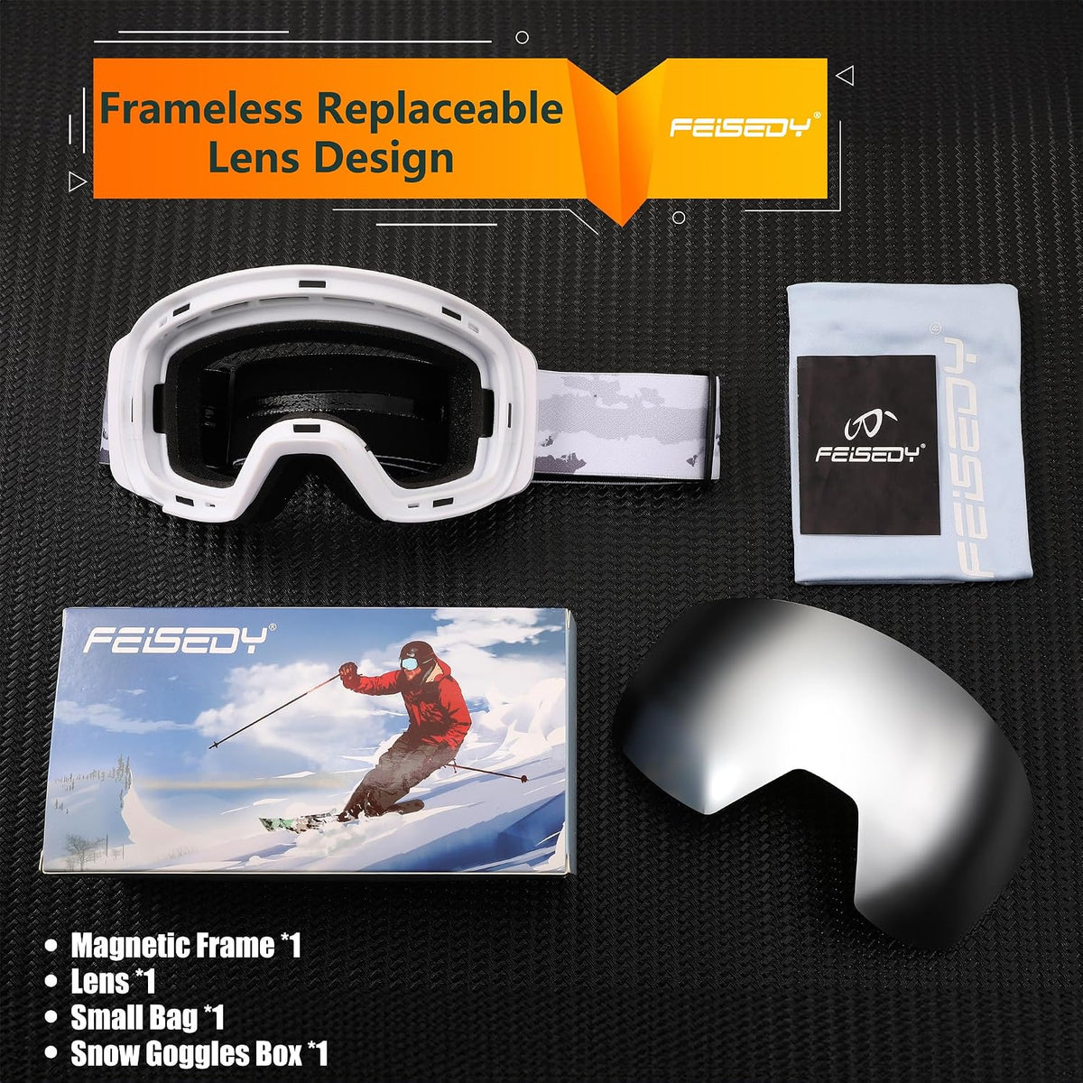 商品图片 8 | B0CD3JFB1C | FEISEDY Magnetic Ski Goggles for Men Women Youth Frameless Snow Goggles 100% UV Protection Snowboard Goggles B0020