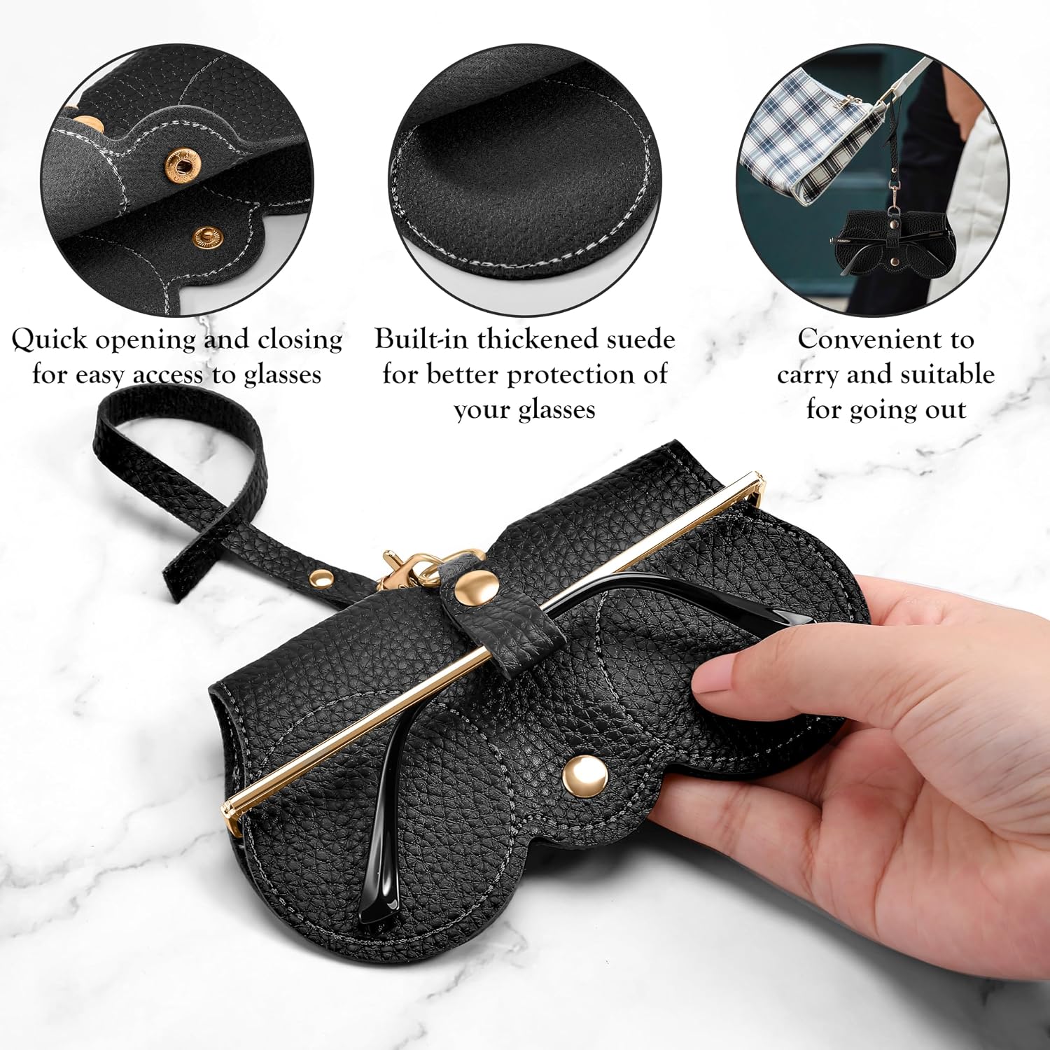 商品图片 5 | B0CFPPR4K1 | FEISEDY 2Pack Soft Leather Sunglass Bag, Portable Holder Eyeglasses Case | Lightweight Portable Design, With Button Clip Wrist Strap for Travel Daily Use B0049