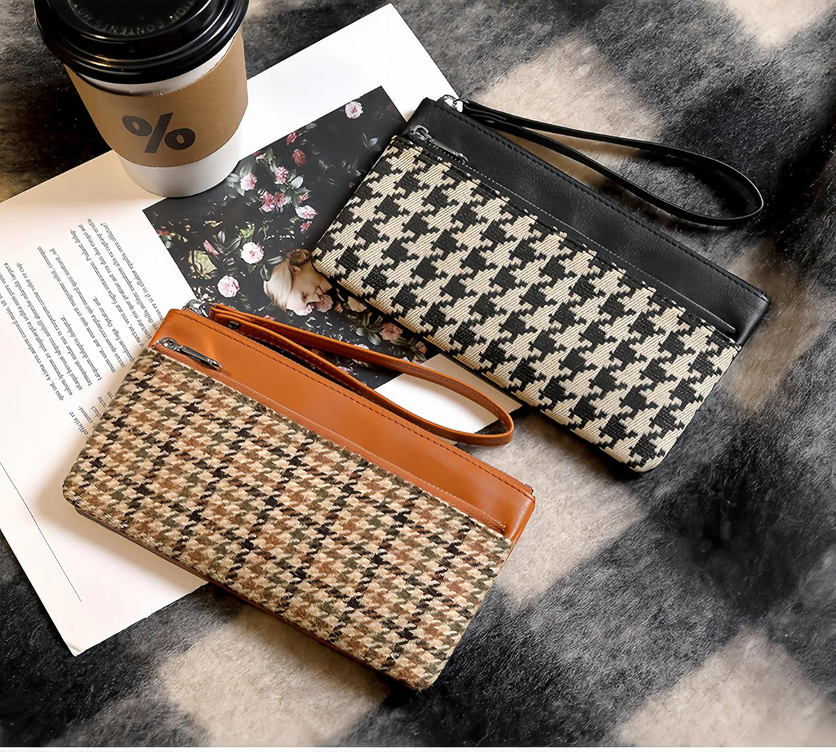 商品图片 6 | B0FX9CLZGR | Vintage Houndstooth Long Wallet for Women, Small Wallets Woman with Wrist Strap Womens Wallet for Phone Cards