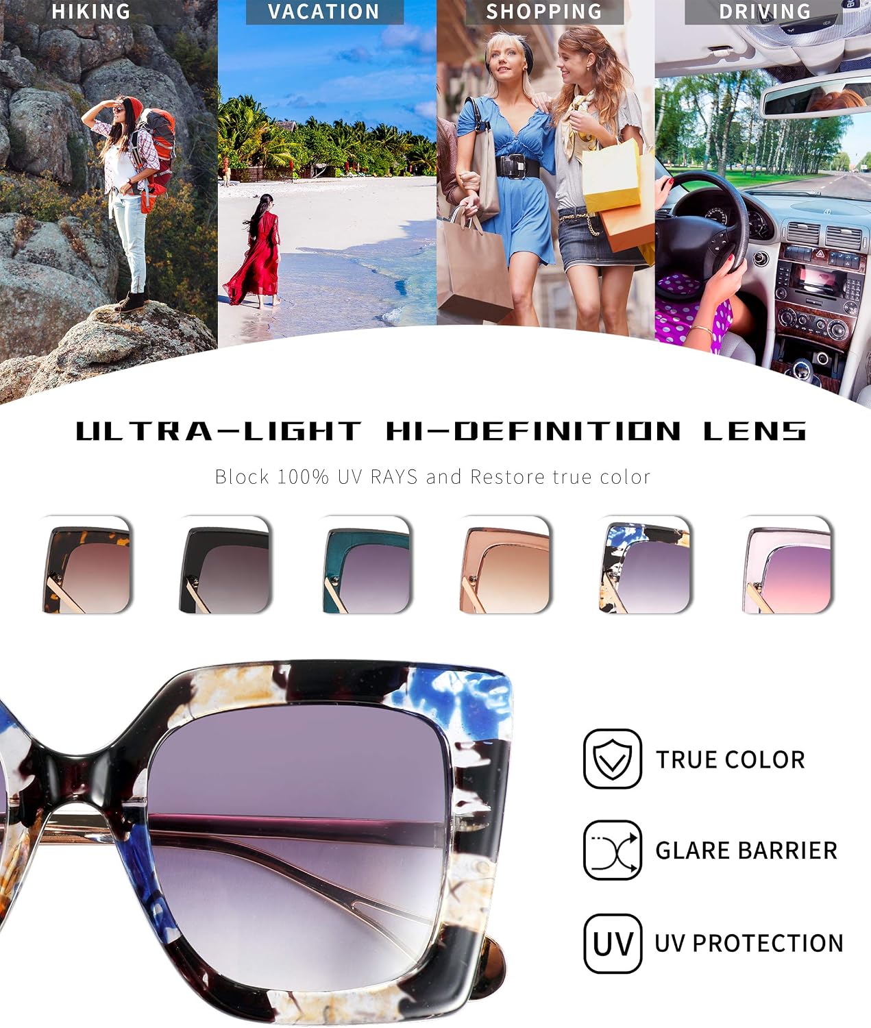 商品图片 106 | B08HVPGJW5 | FEISEDY Sunglasses Womens Trendy, Oversized Square Shades, Pearl Inlay Cat Eye Frame UV400 Protection B2625