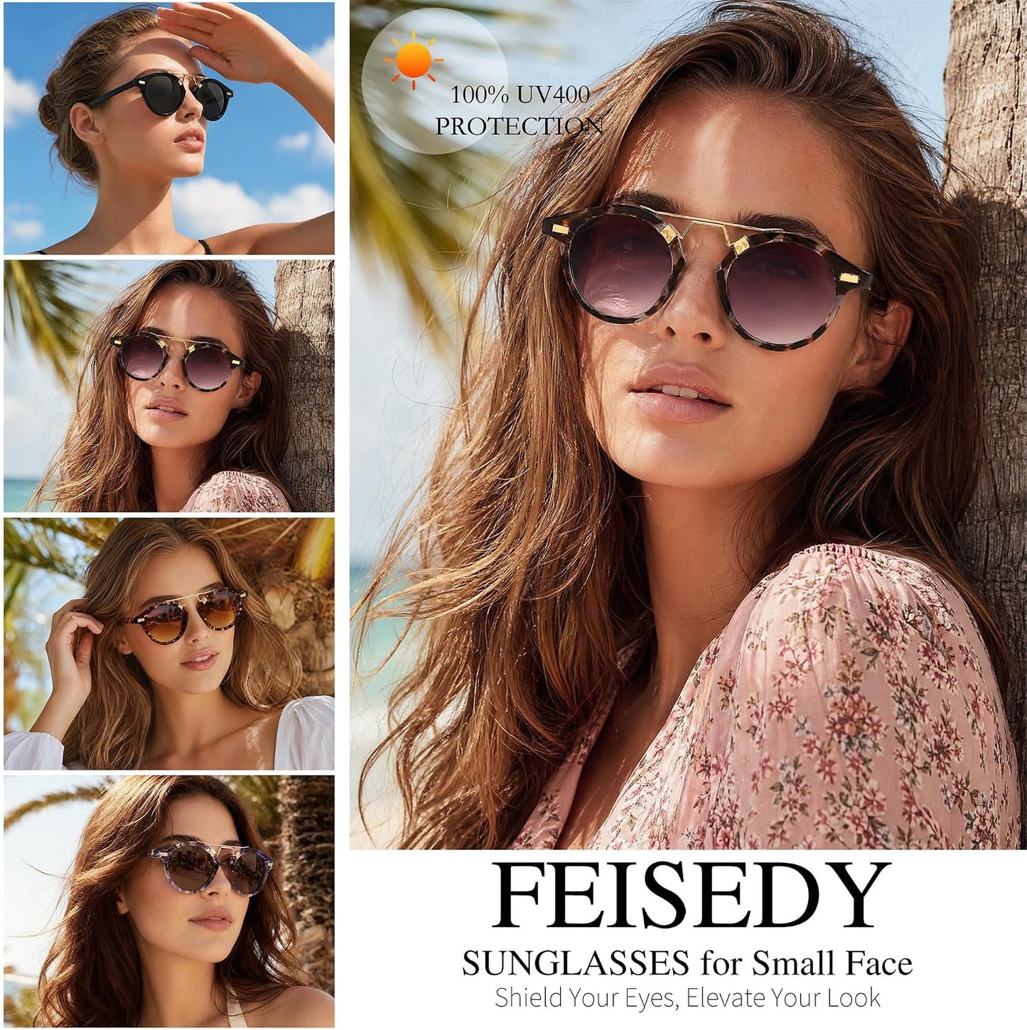 商品图片 27 | B0GX62YR7C | FEISEDY Retro Round Metal Brow Sunglasses for Women for Small Face B0427